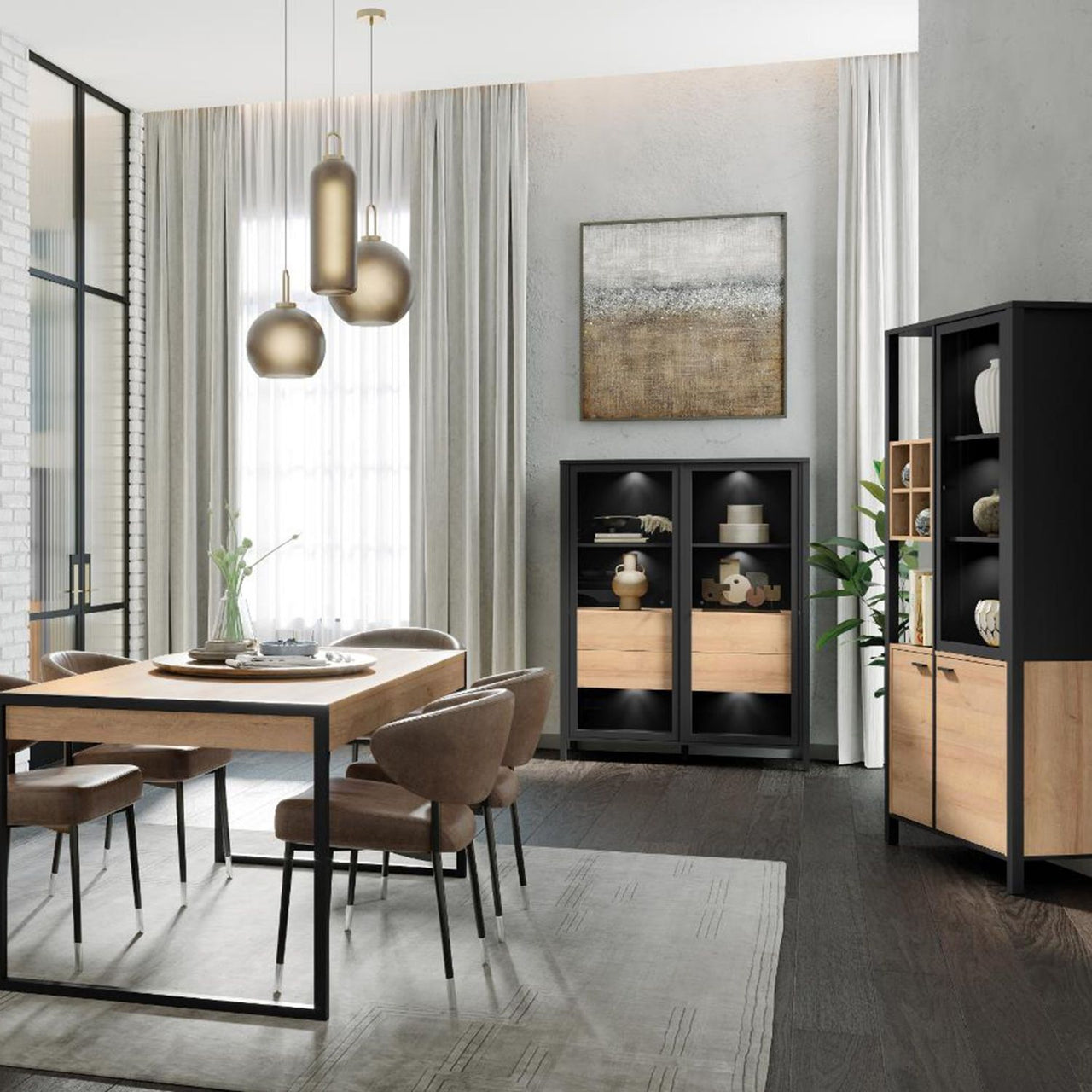 High Rock Extra Wide Display Cabinet in Matt Black Riviera Oak