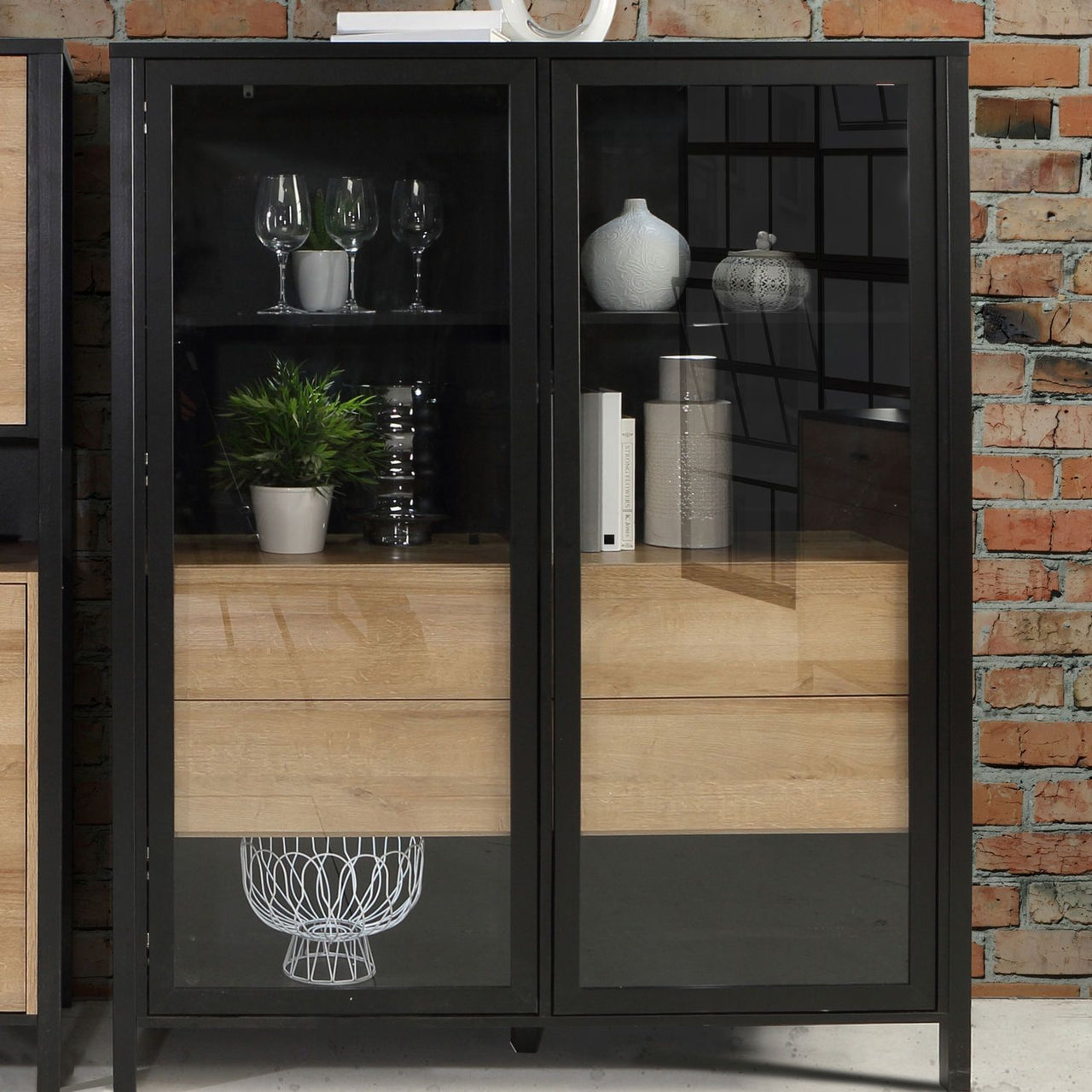 High Rock Extra Wide Display Cabinet in Matt Black Riviera Oak