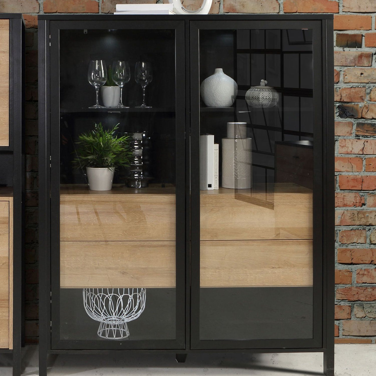 High Rock Extra Wide Display Cabinet in Matt Black Riviera Oak