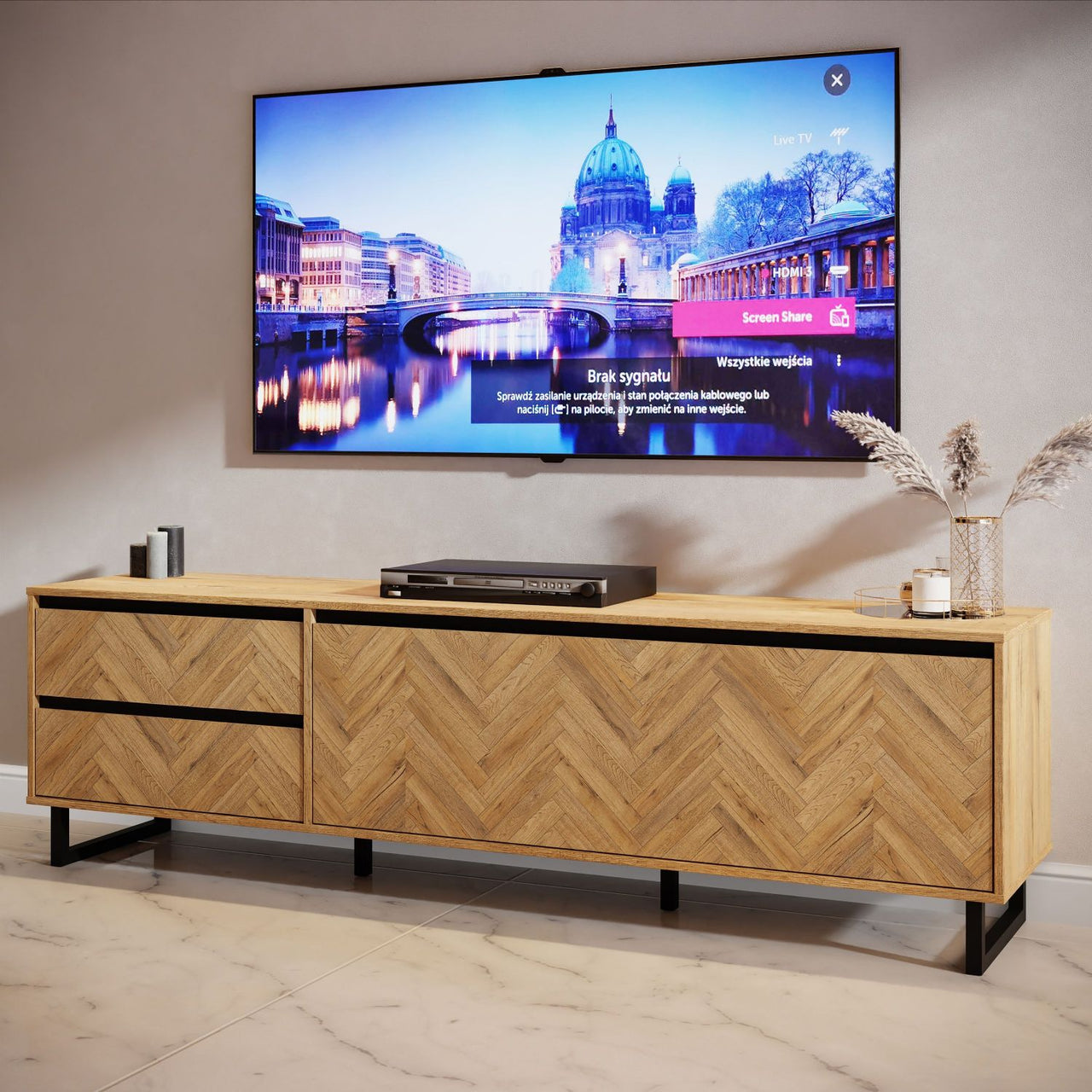 Modern Parquet Oak TV Unit 2 Drawers