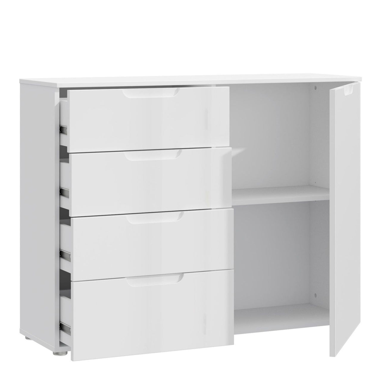 Wide Chest of 4 Drawers and 2 Doors in White White High Gloss