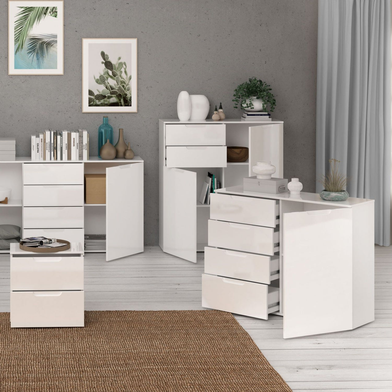 4 Chest of Drawers 1 Door in White White High Gloss