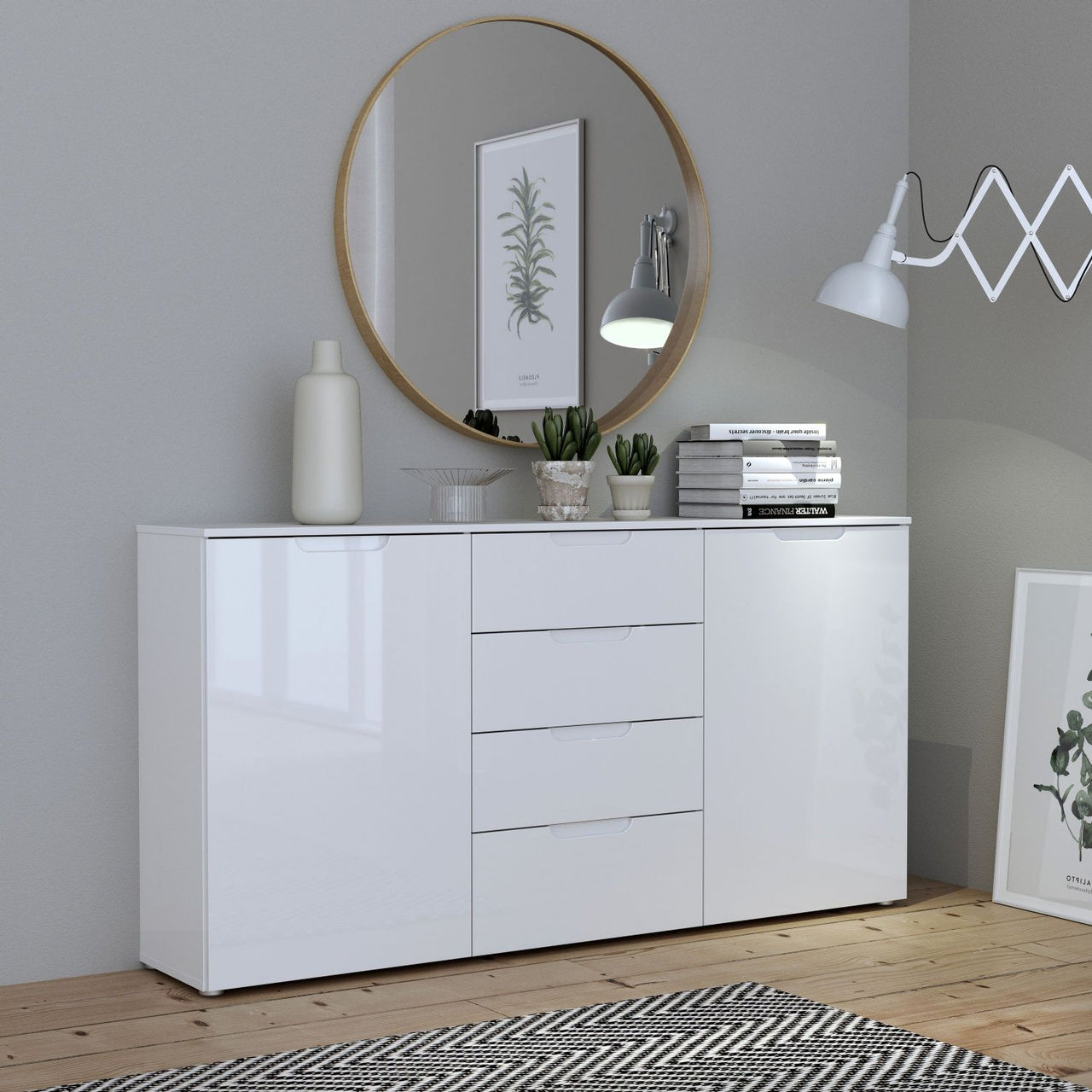 Wide Chest of 4 Drawers and 2 Doors in White White High Gloss