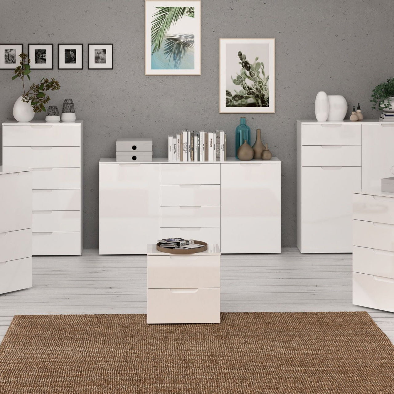 Wide Chest of 4 Drawers and 2 Doors in White White High Gloss