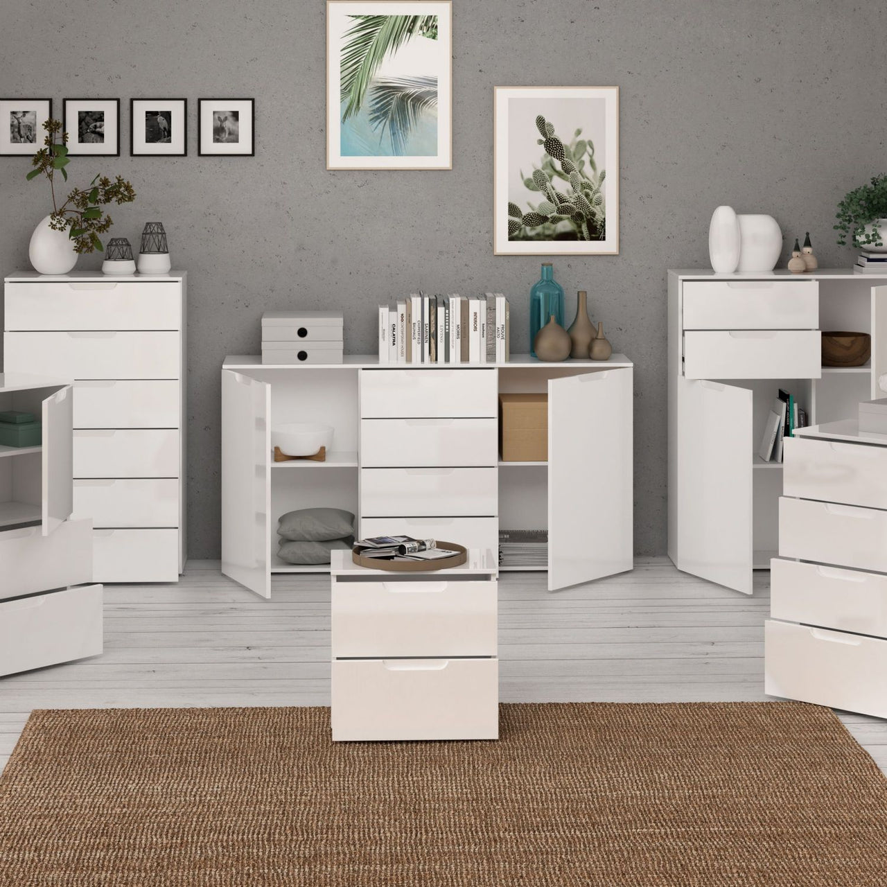 Wide Chest of 4 Drawers and 2 Doors in White White High Gloss