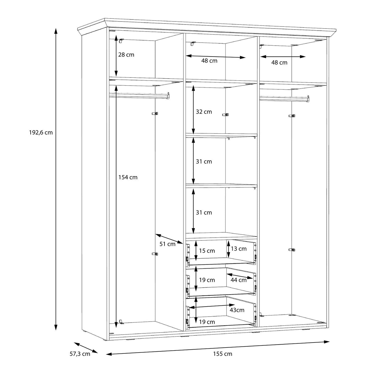 Iloppa 3 Door Wardrobe in Snowy Oak Oak Nelson