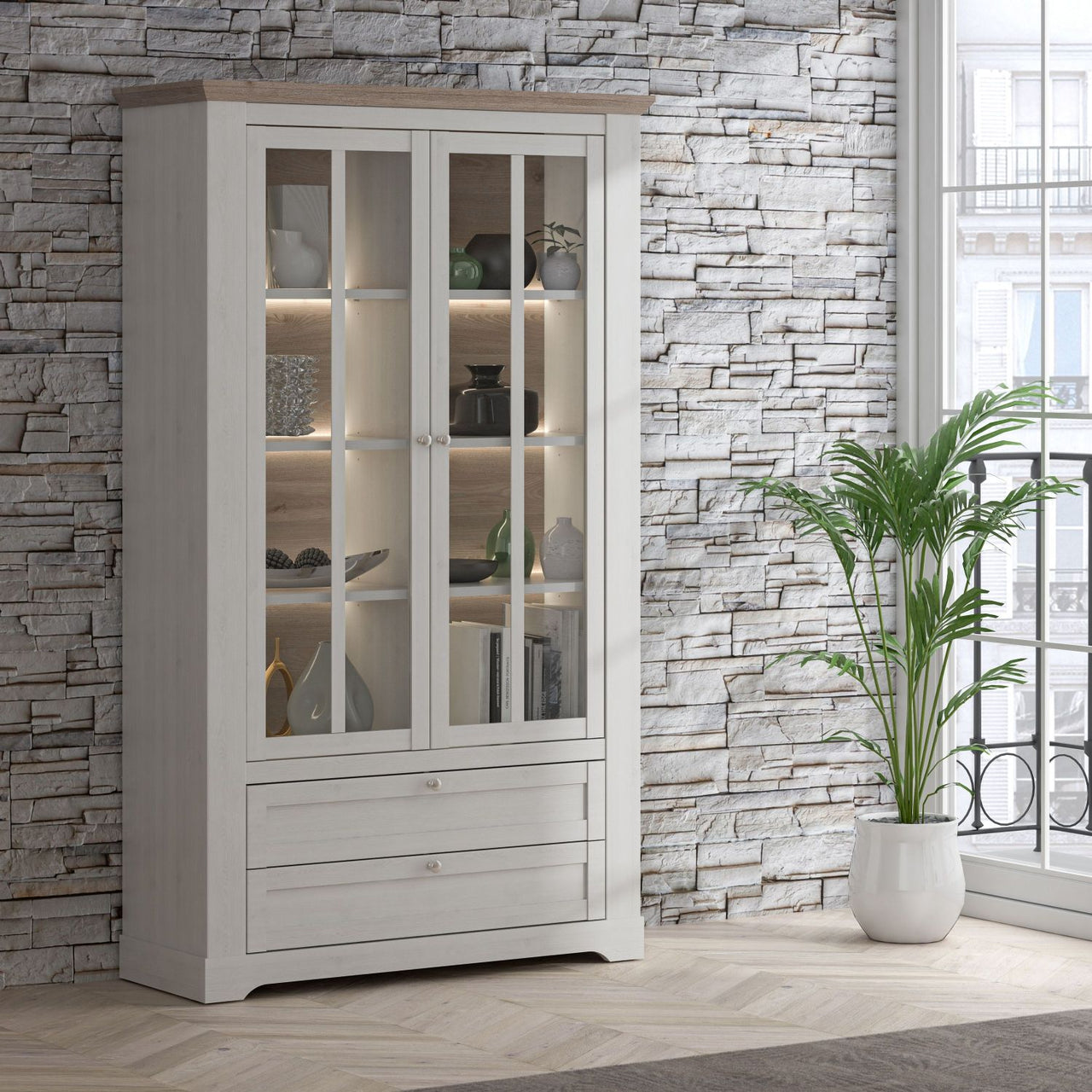 Iloppa Display Cabinet in Snowy Oak Oak Nelson