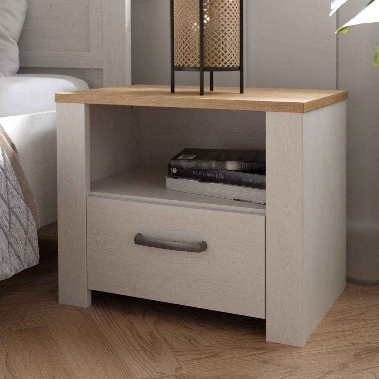 Bohol 1 Drawer Bedside in White Riviera Oak