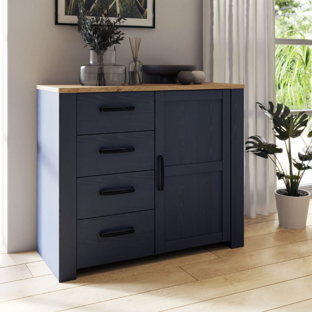 Bohol 1 Door 4 Drawer Chest in Riviera Oak Navy