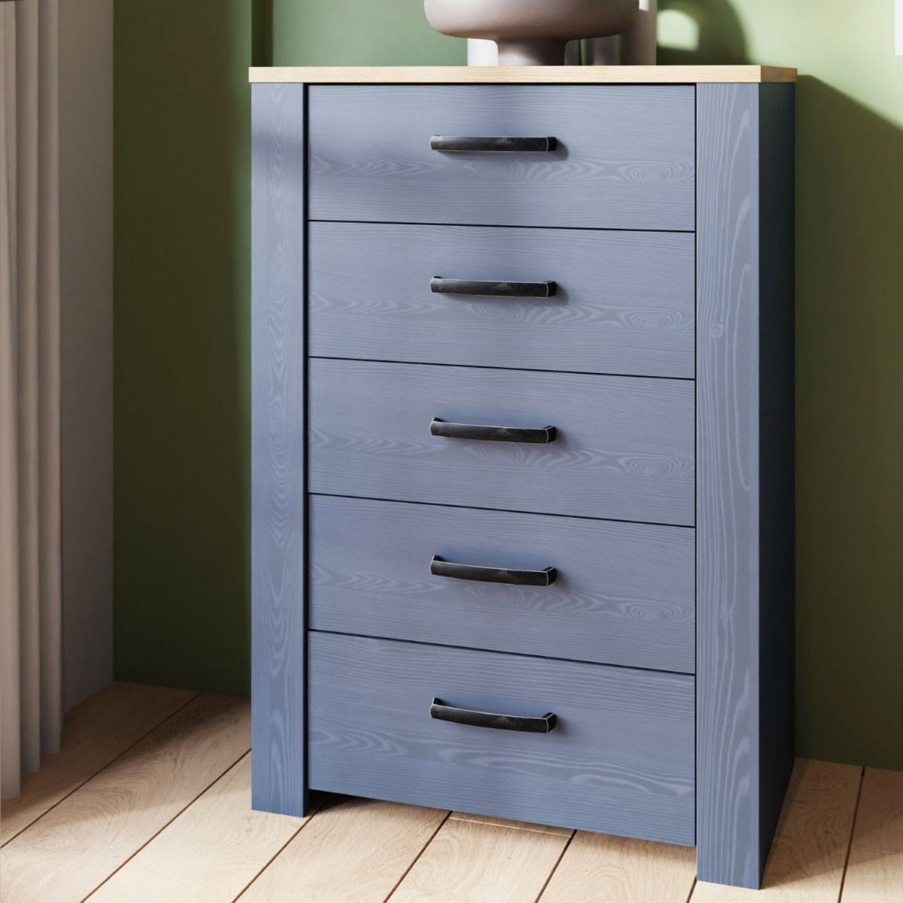 Bohol 5 Drawer Narrow Chest in Riviera Oak Navy