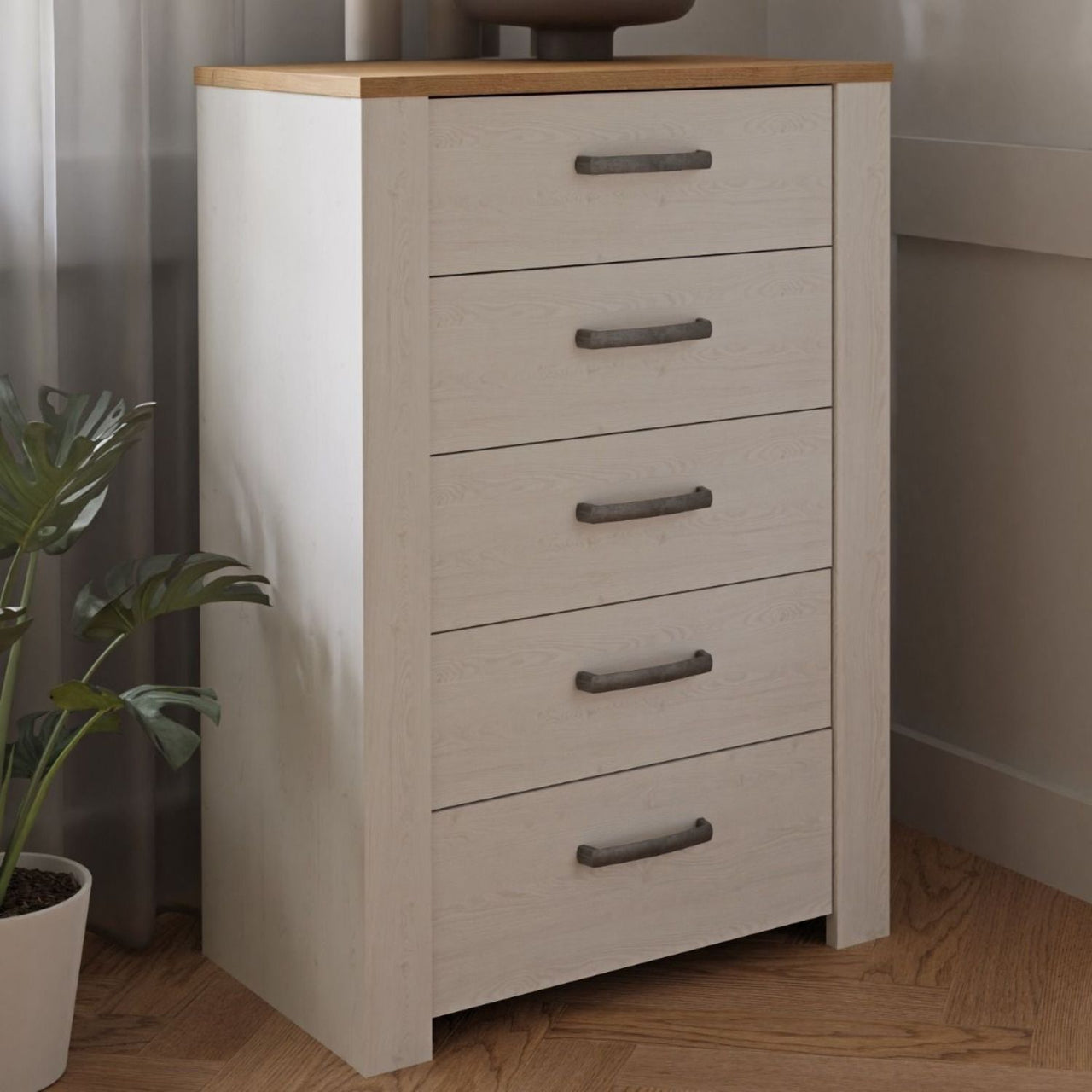 Bohol 5 Drawer Narrow Chest in White Riviera Oak