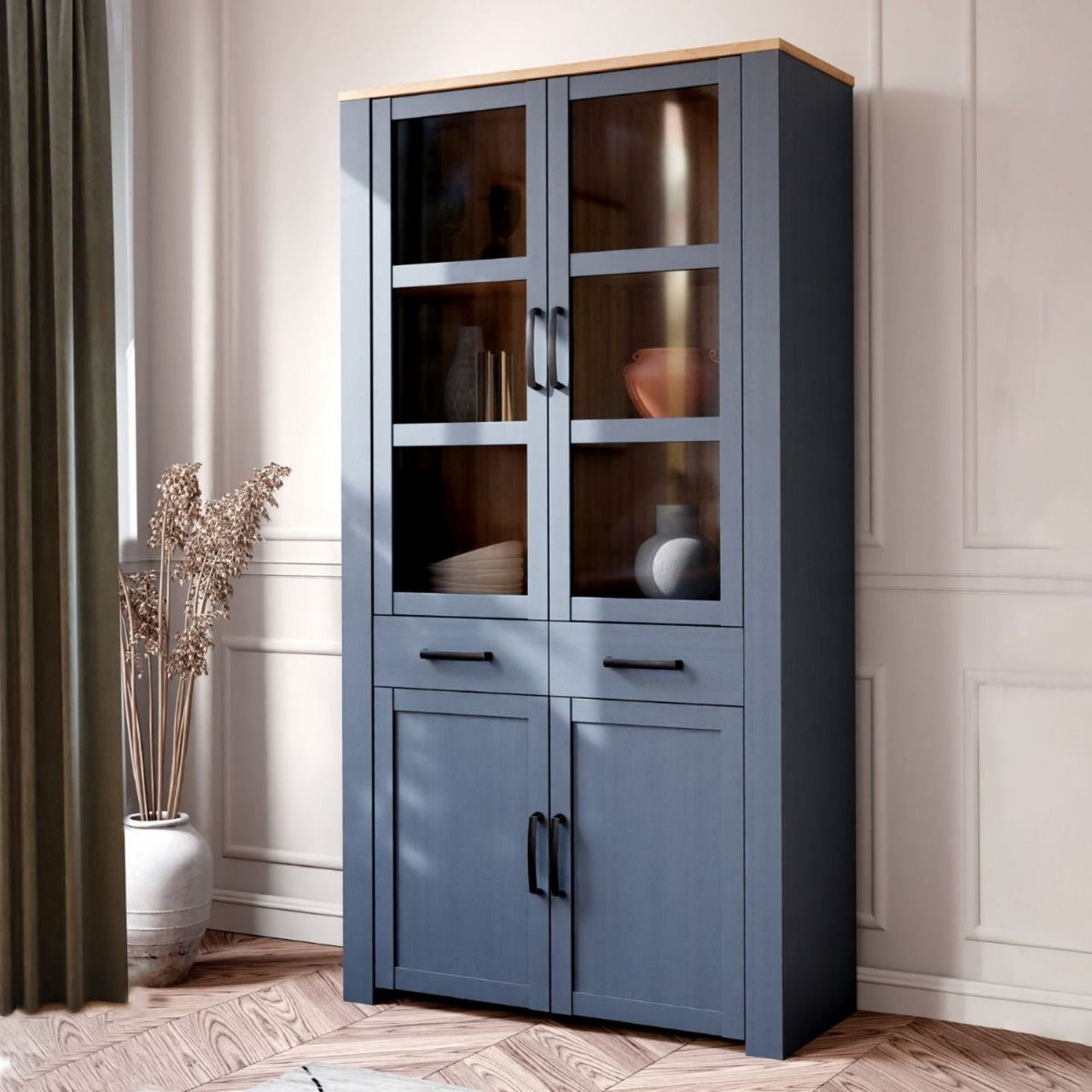 Bohol Display Cabinet 4 Door 1 Drawer in Oak Navy