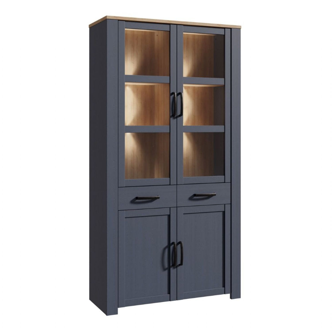 Bohol Display Cabinet 4 Door 1 Drawer in Oak Navy inc LED Lighting