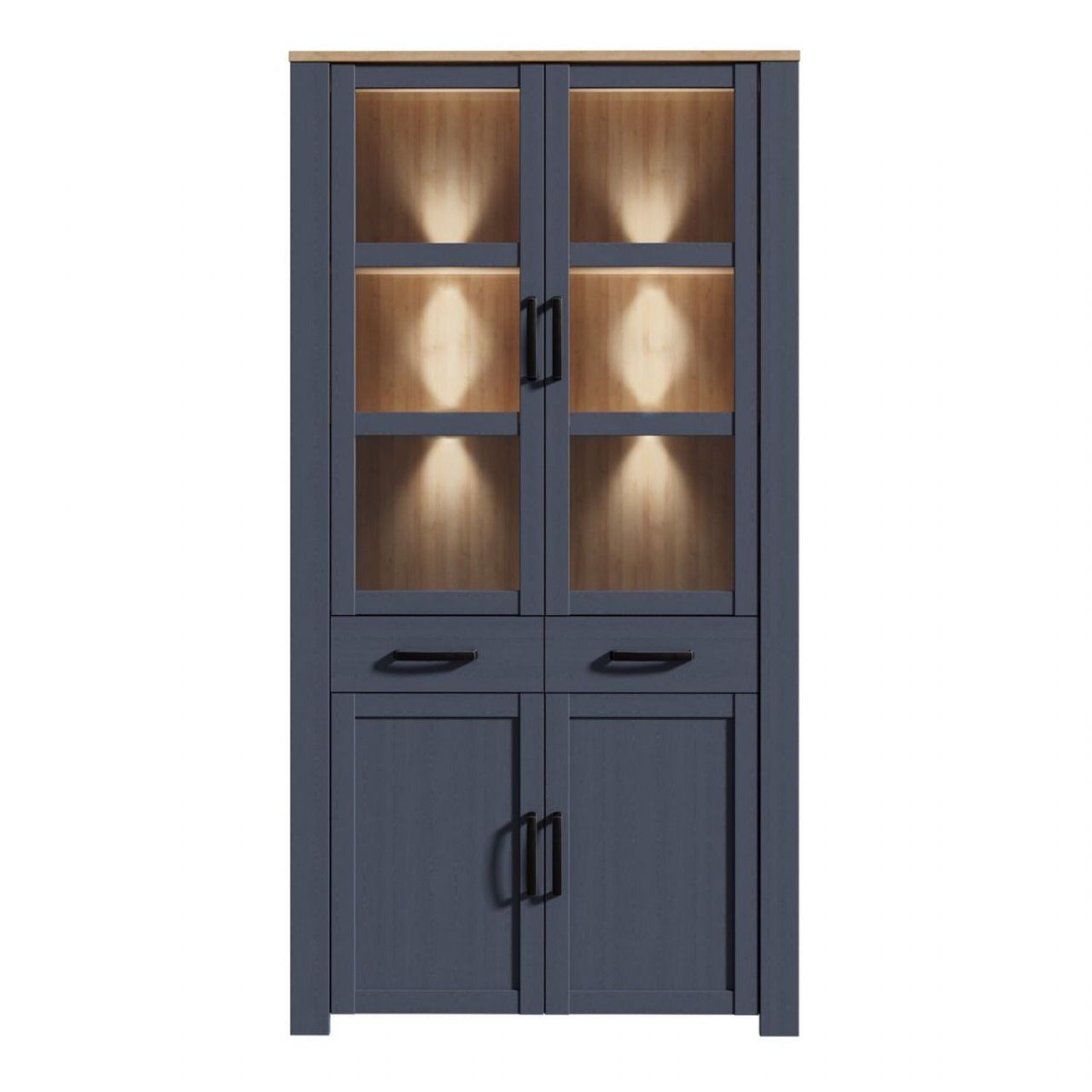 Bohol Display Cabinet 4 Door 1 Drawer in Oak Navy inc LED Lighting