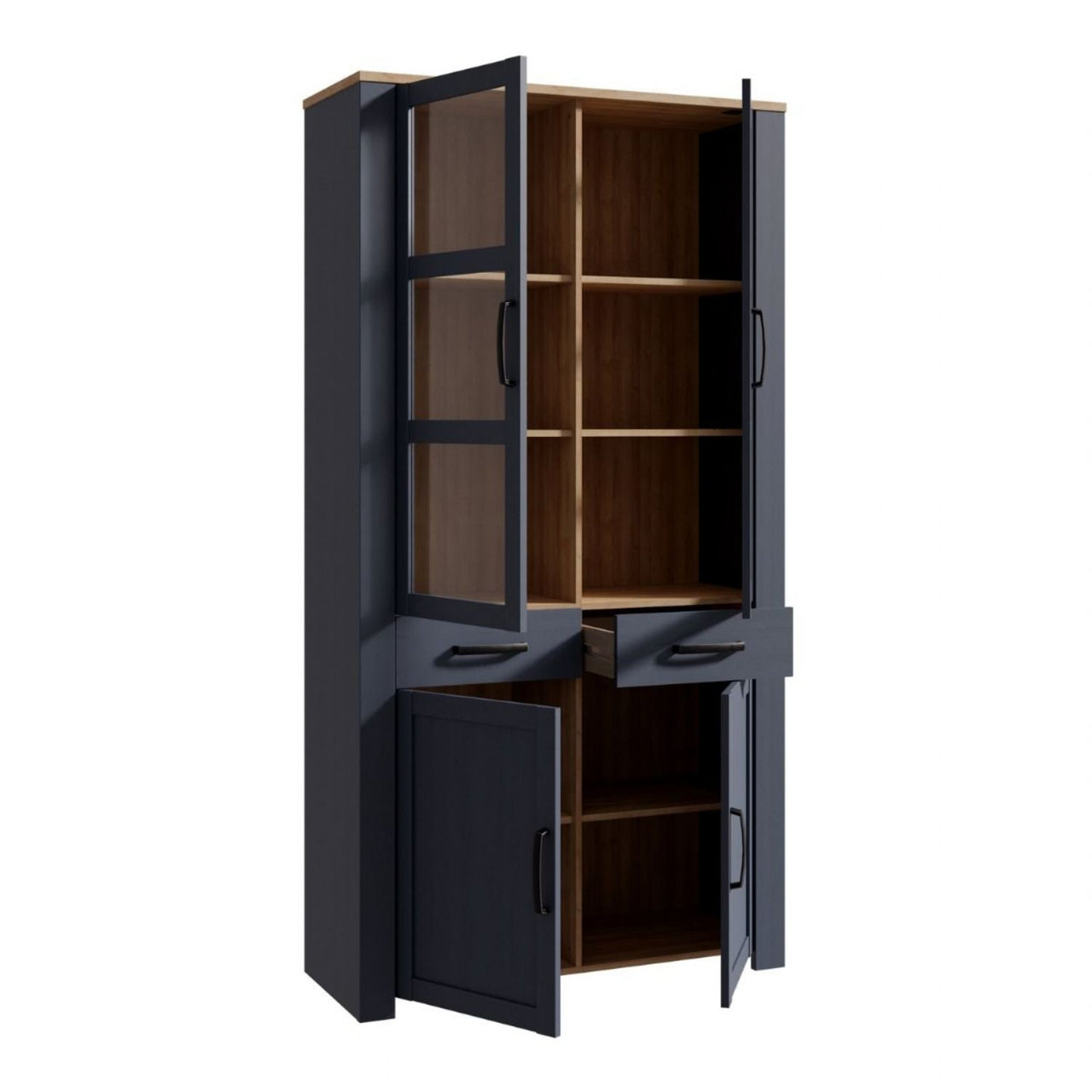 Bohol Display Cabinet 4 Door 1 Drawer in Oak Navy inc LED Lighting