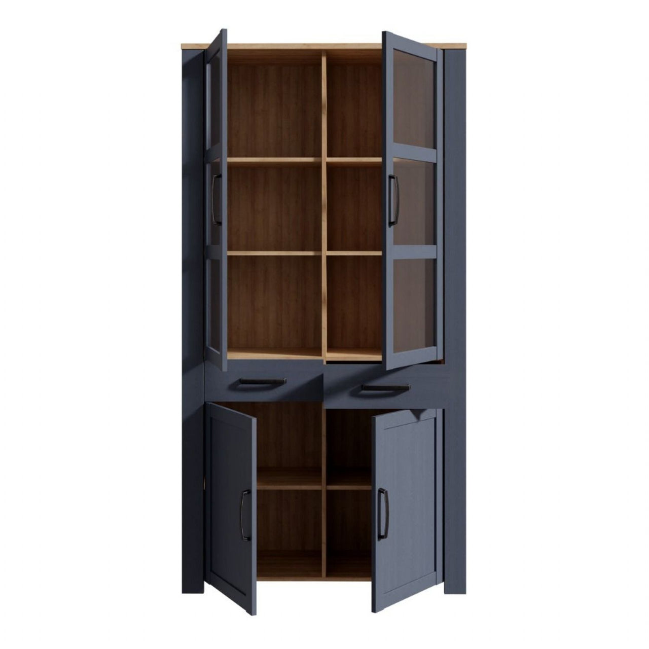 Bohol Display Cabinet 4 Door 1 Drawer in Oak Navy inc LED Lighting