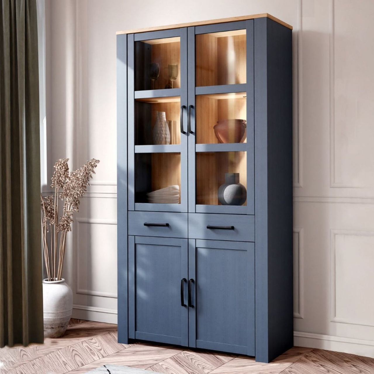 Bohol Display Cabinet 4 Door 1 Drawer in Oak Navy inc LED Lighting