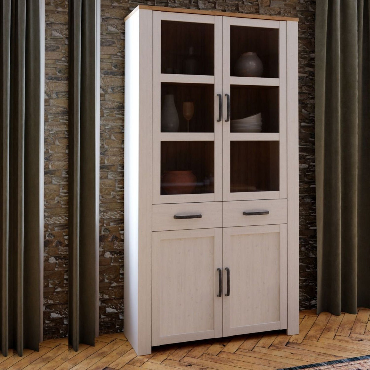 Bohol Display Cabinet 4 Door 1 Drawer in Oak White