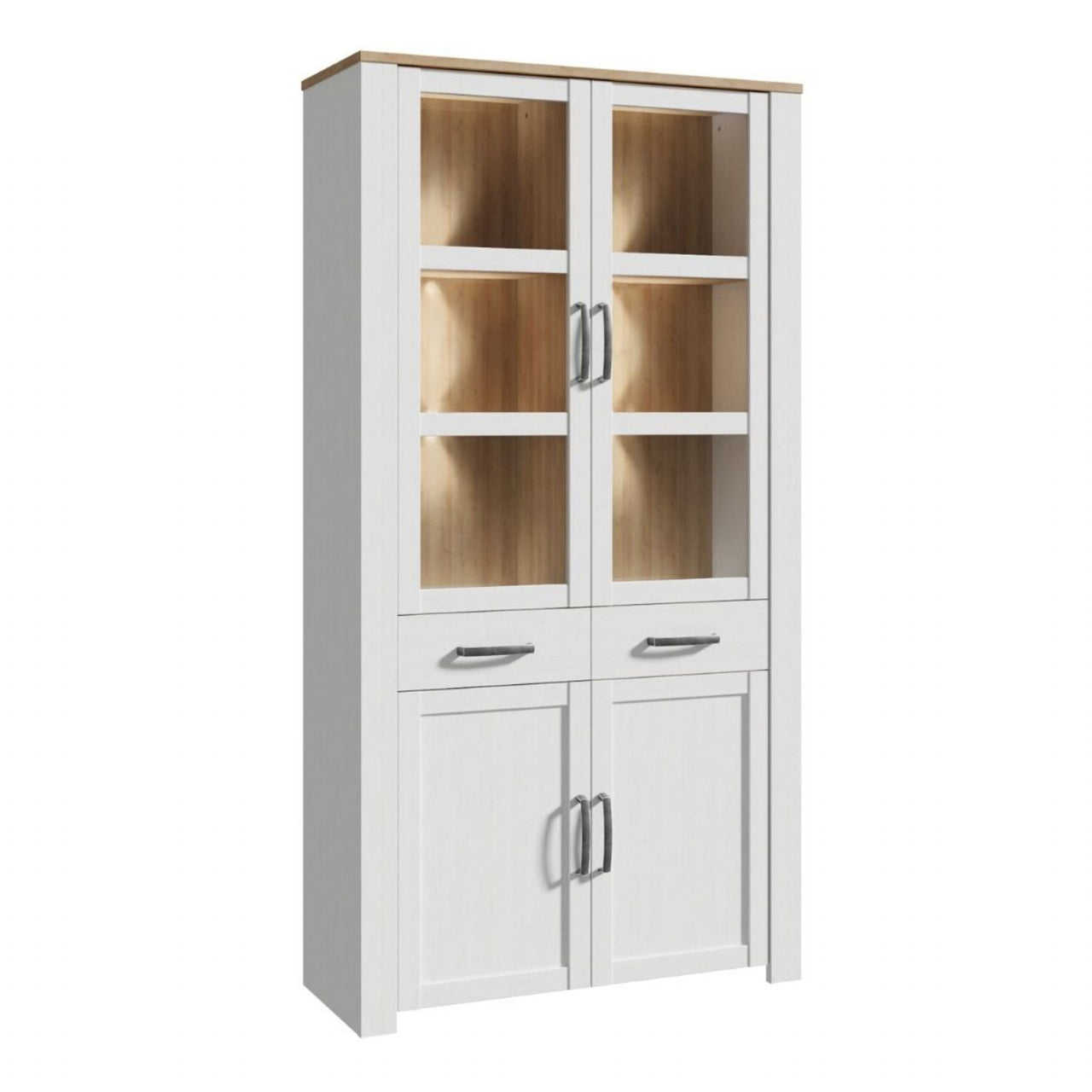 Bohol Display Cabinet 4 Door 1 Drawer in Oak White inc LED Lighting