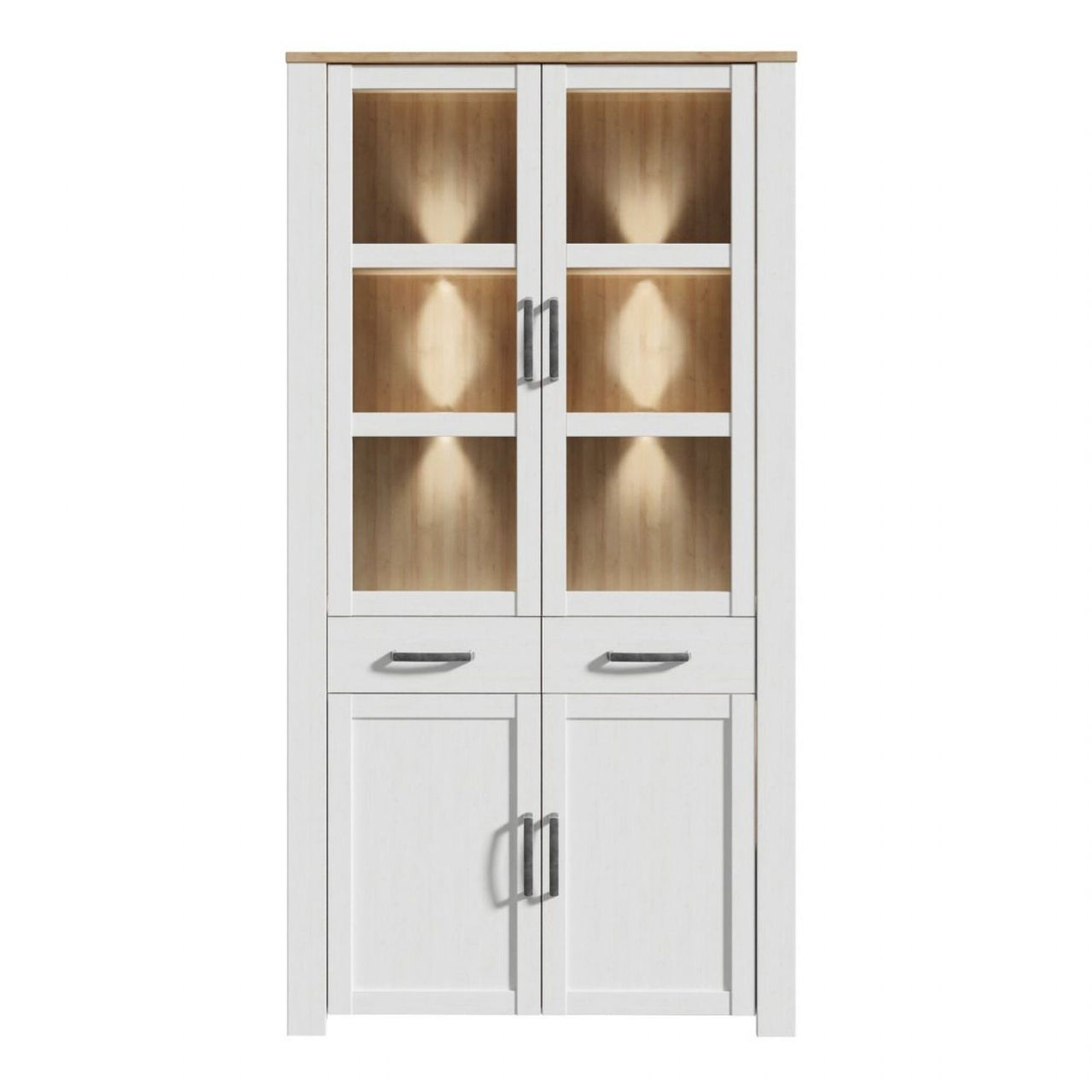 Bohol Display Cabinet 4 Door 1 Drawer in Oak White inc LED Lighting