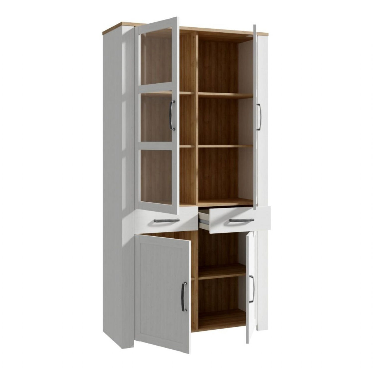 Bohol Display Cabinet 4 Door 1 Drawer in Oak White inc LED Lighting