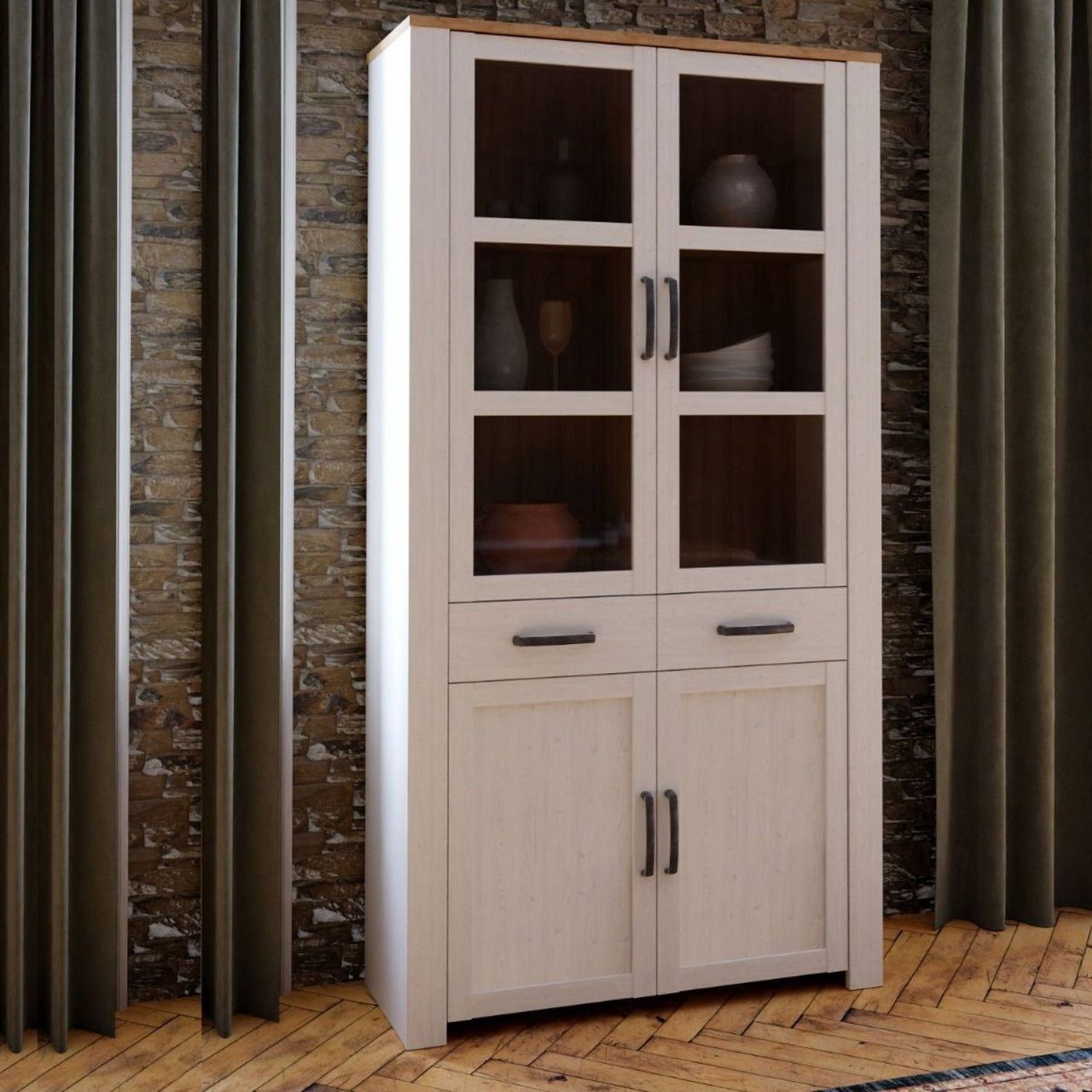 Bohol Display Cabinet 4 Door 1 Drawer in Oak White inc LED Lighting