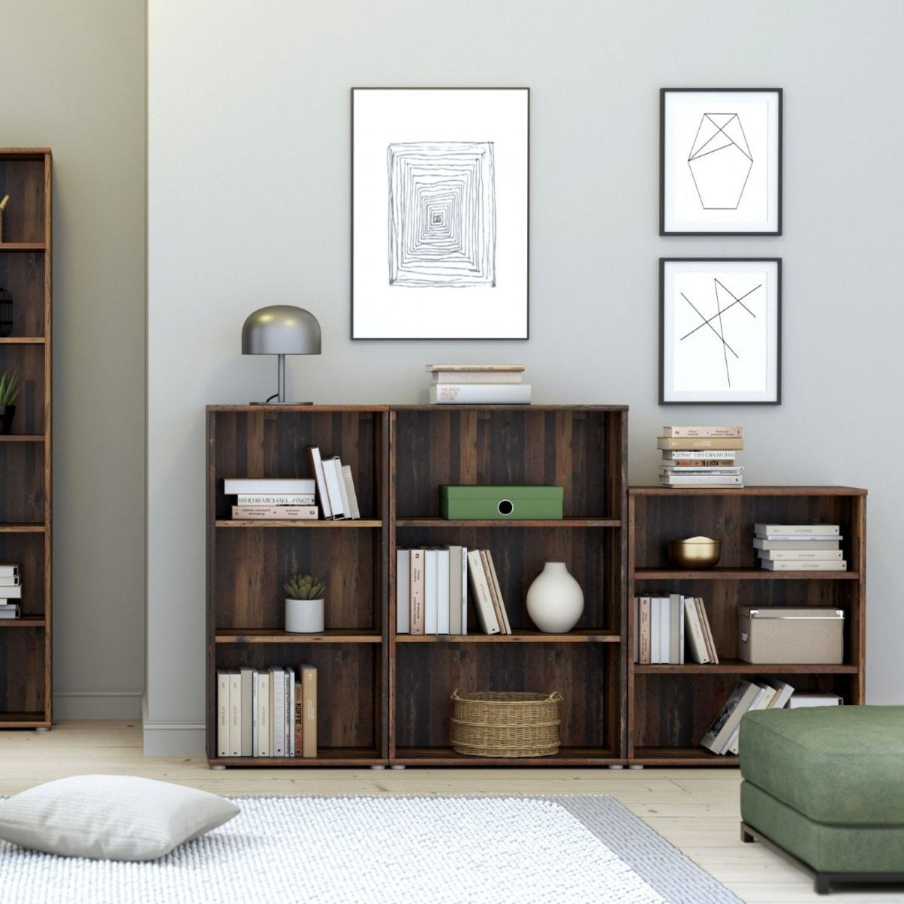 Essential Low Wide 2 Shelf Bookcase in Vintage Oak