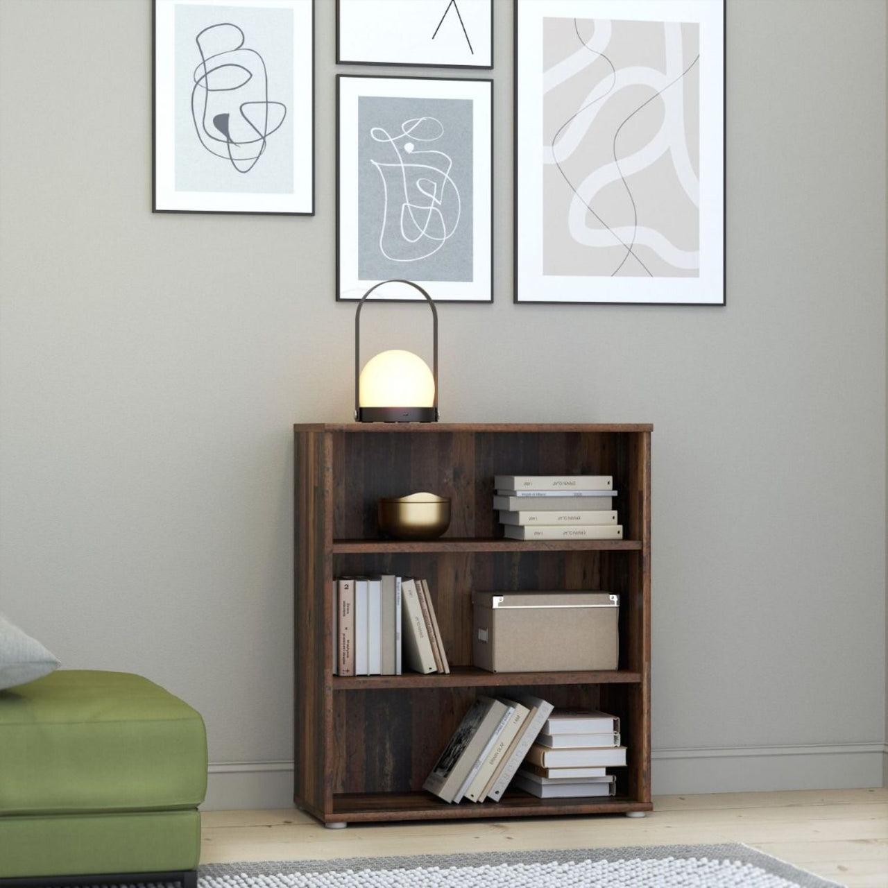 Essential Low Wide 2 Shelf Bookcase in Vintage Oak