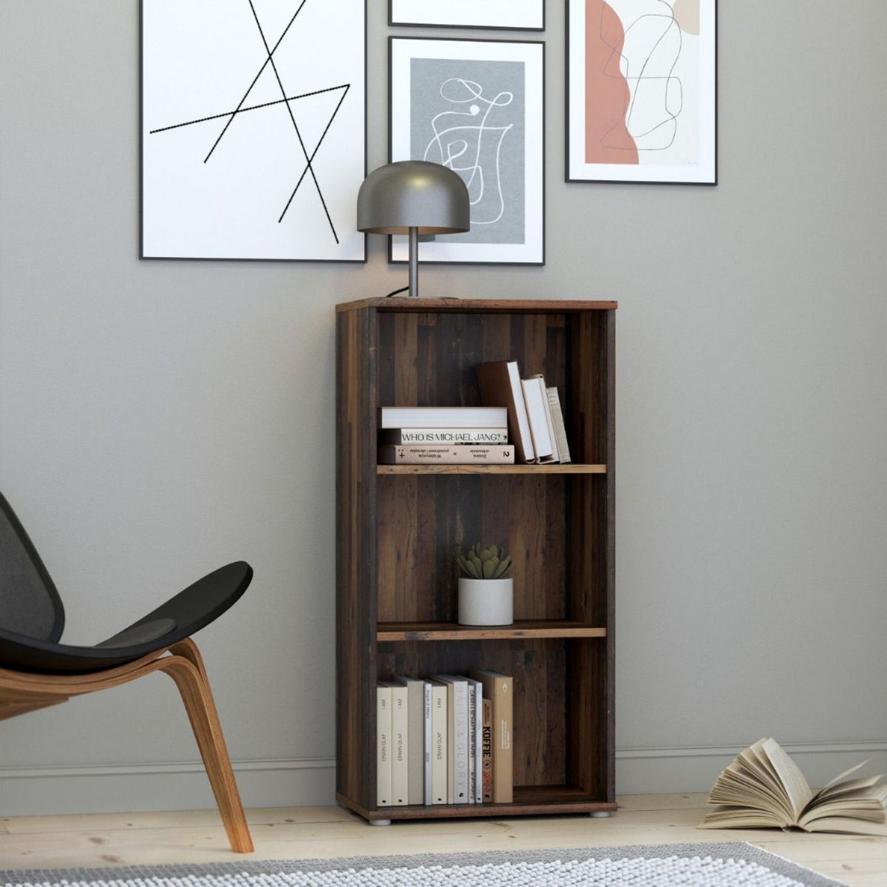 Essential Tall Narrow 2 Shelf Bookcase in Vintage Oak