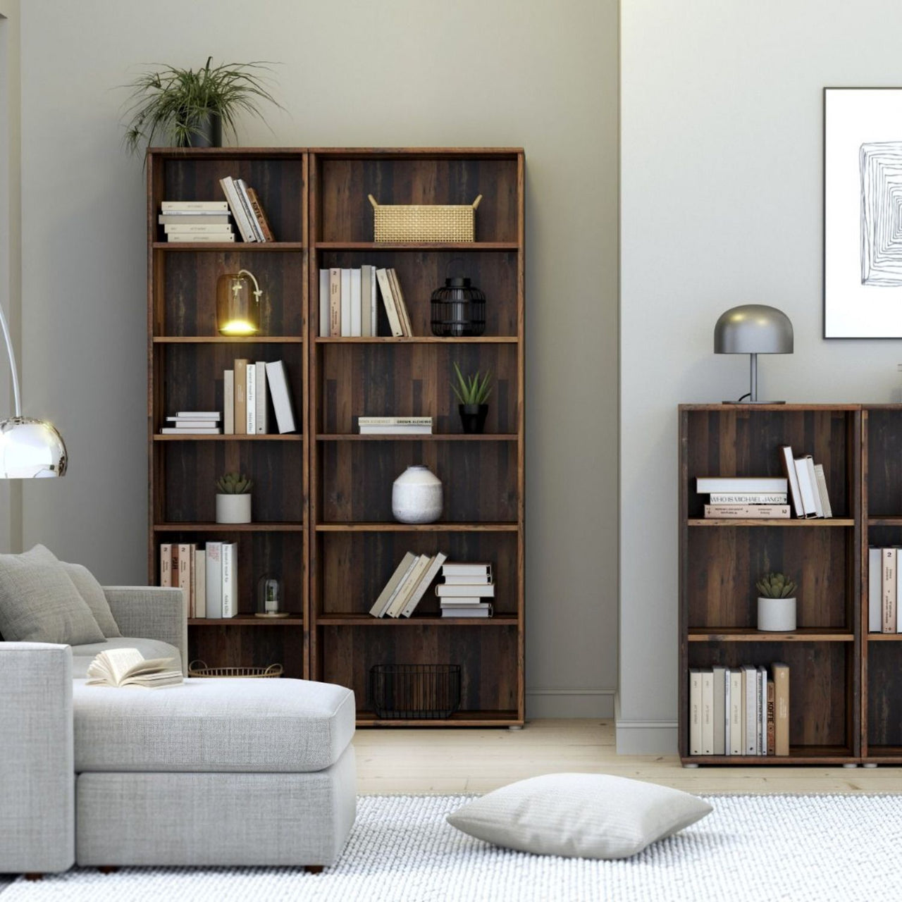 Essential Wide 5 Shelf Bookcase in Vintage Oak