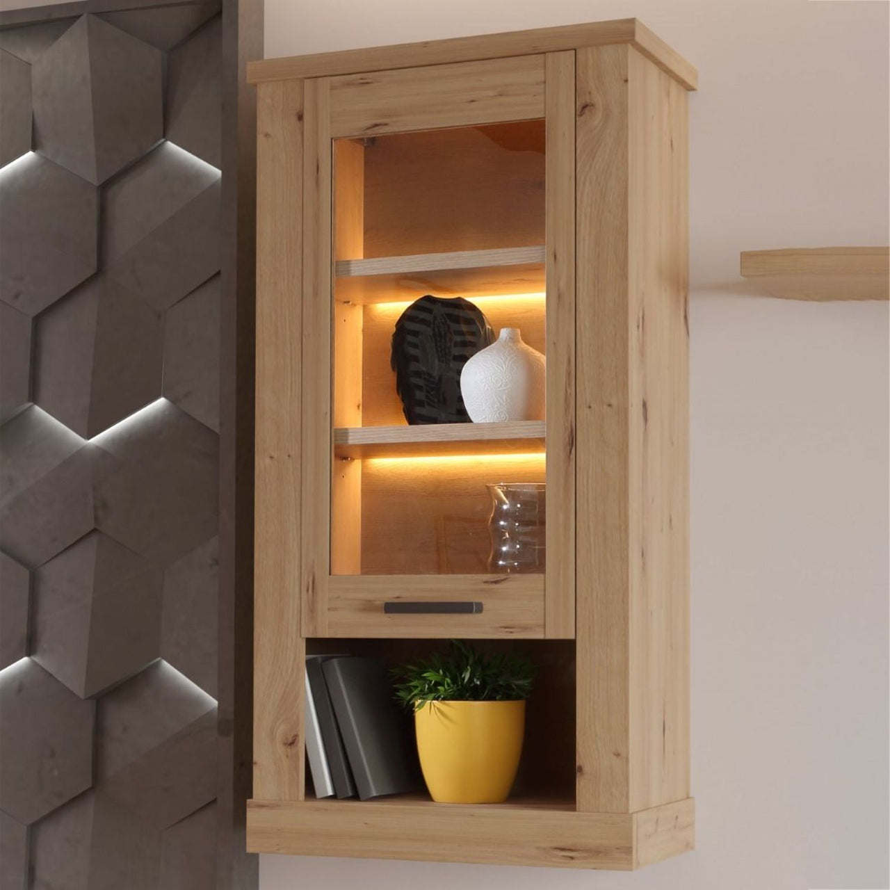 Corona 1 Door Wall Display Cabinet in Artisan Oak