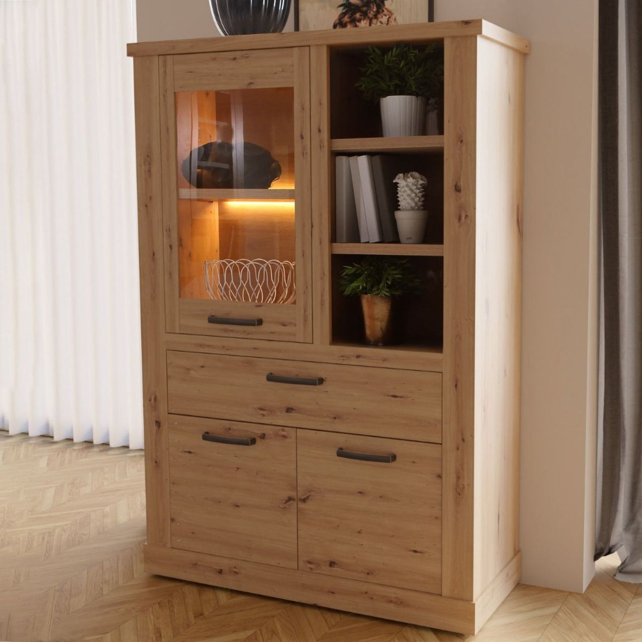 Corona 1 Door 1 Drawer 3 Shelve Display Cabinet in Artisan Oak