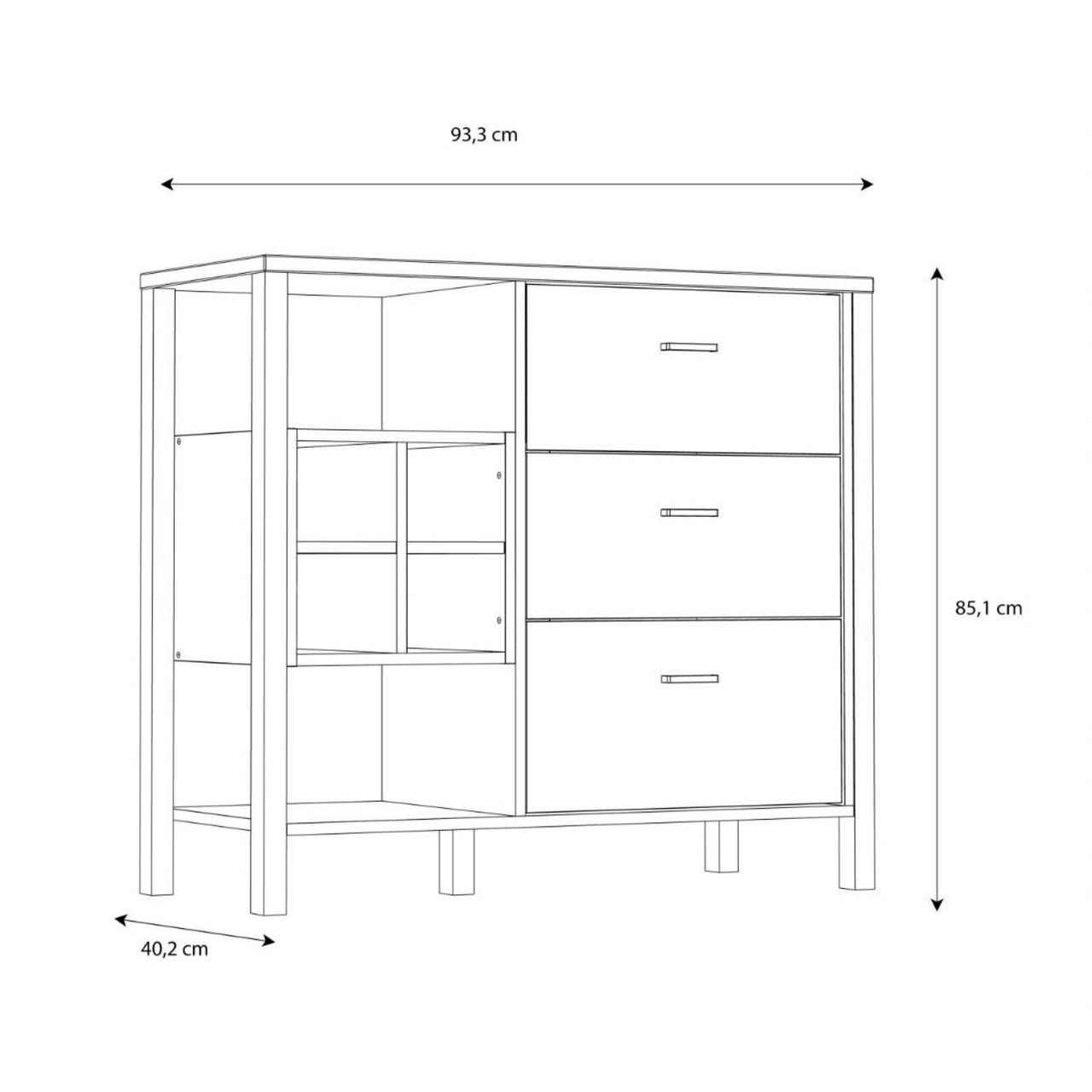 High Rock 3 Drawer Display Chest in Matt Black Riviera Oak