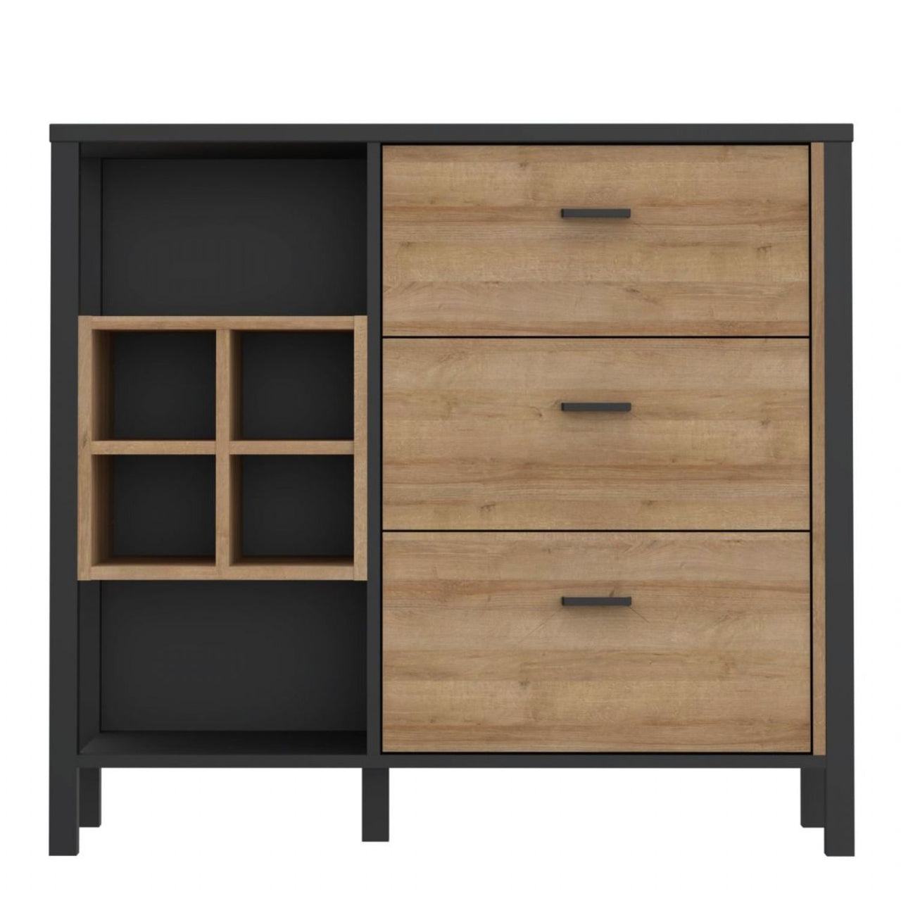 High Rock 3 Drawer Display Chest in Matt Black Riviera Oak