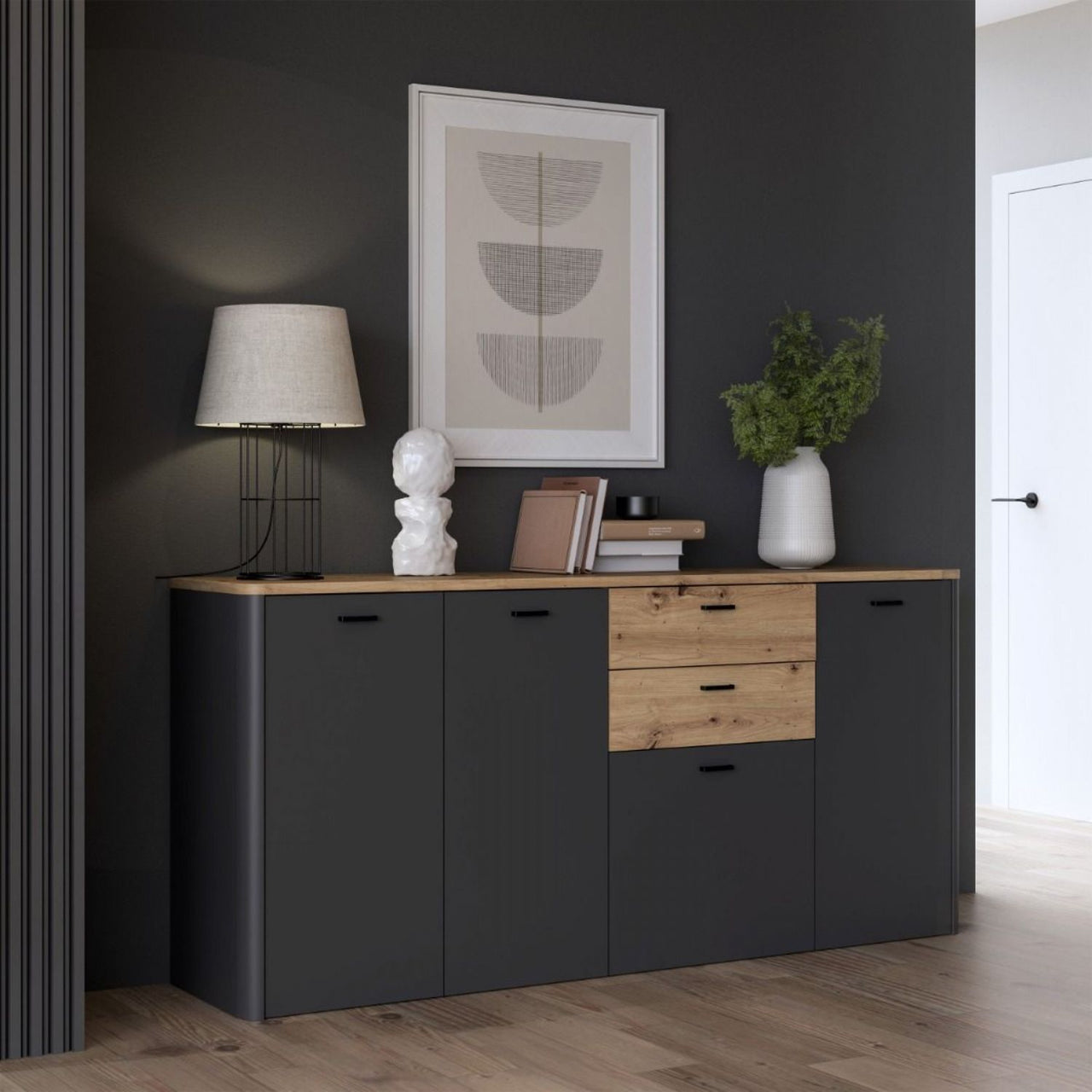 Klara 4 Door 2 Drawer Chest in Grey and Oak