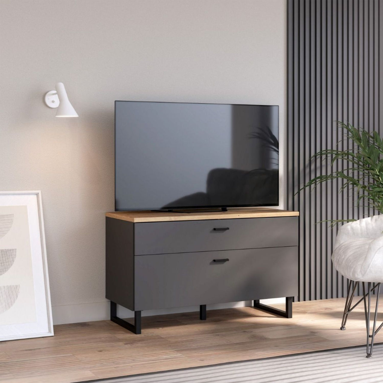 Klara TV Unit with 1 Drawer 1 Flip Door in Grey and Oak