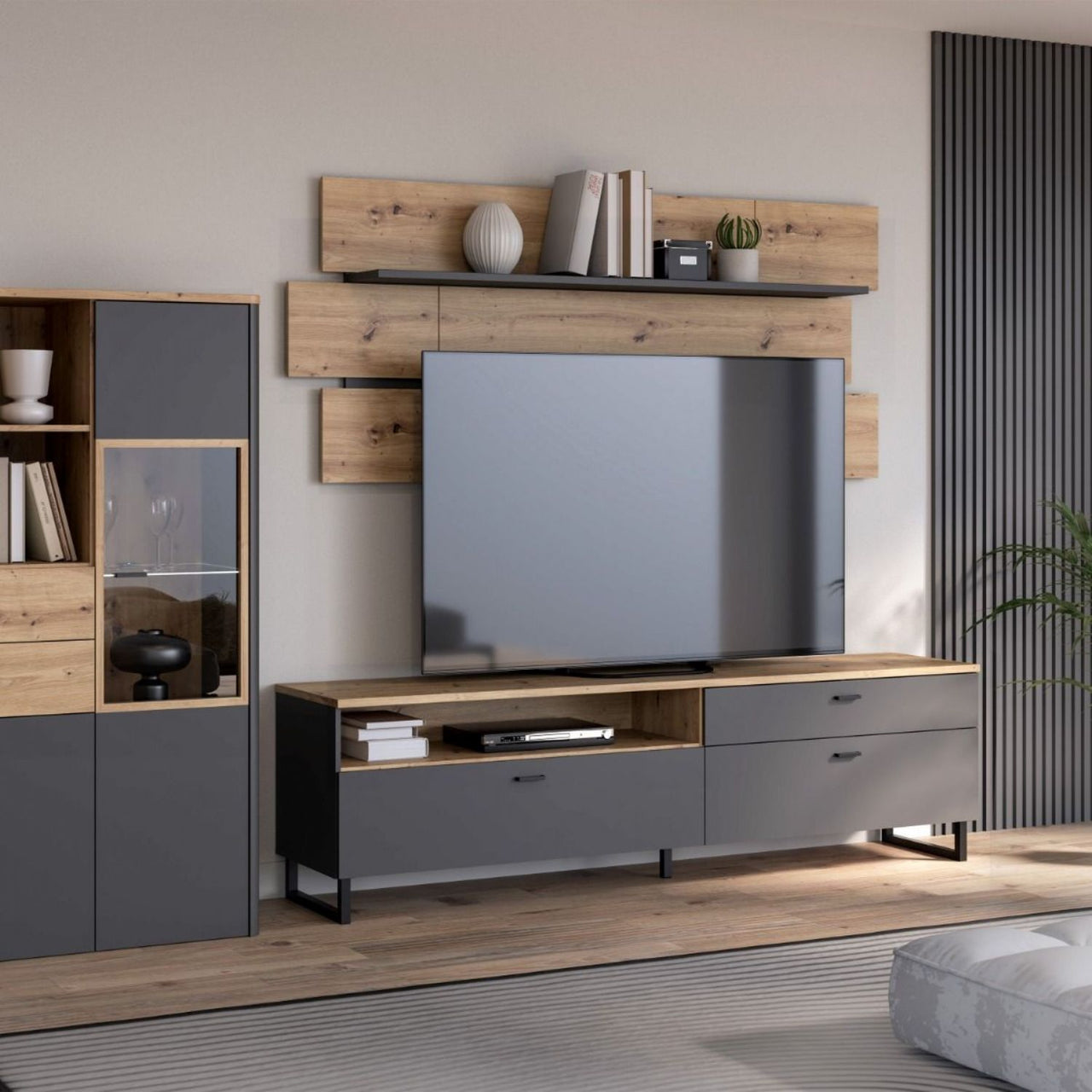 Klara TV Unit with 1 Drawer 2 Flip Doors in Grey and Oak