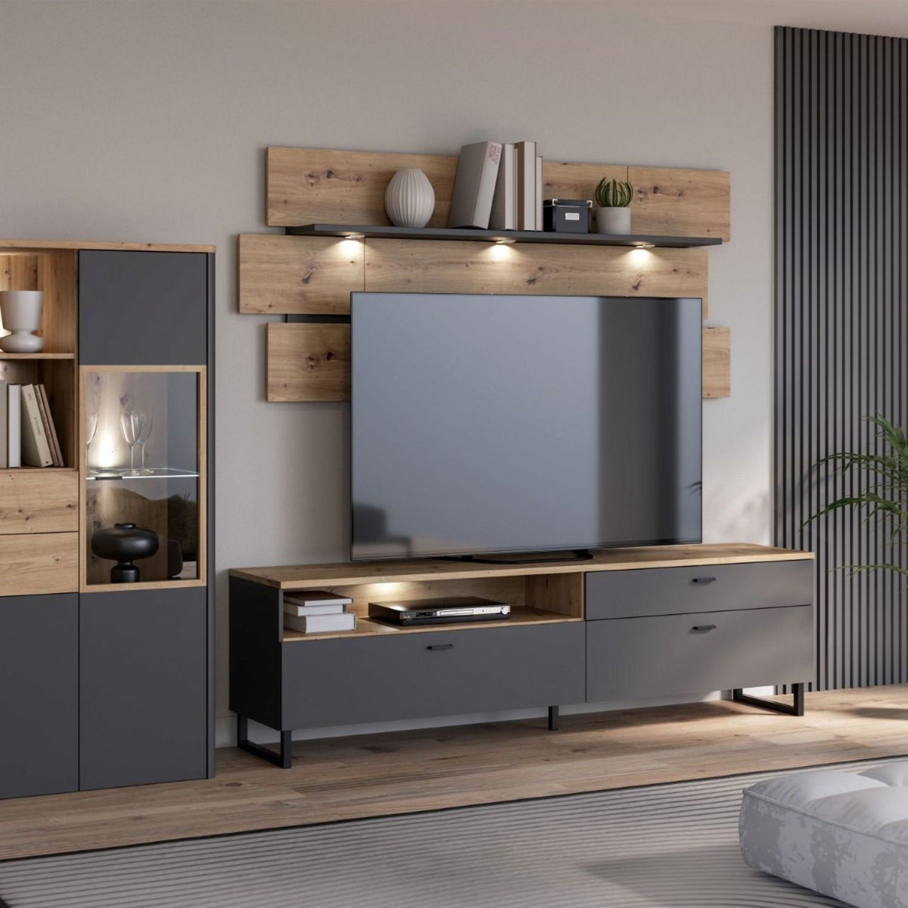 Klara TV Unit with 1 Drawer 2 Flip Doors in Grey and Oak inc LED Lighting