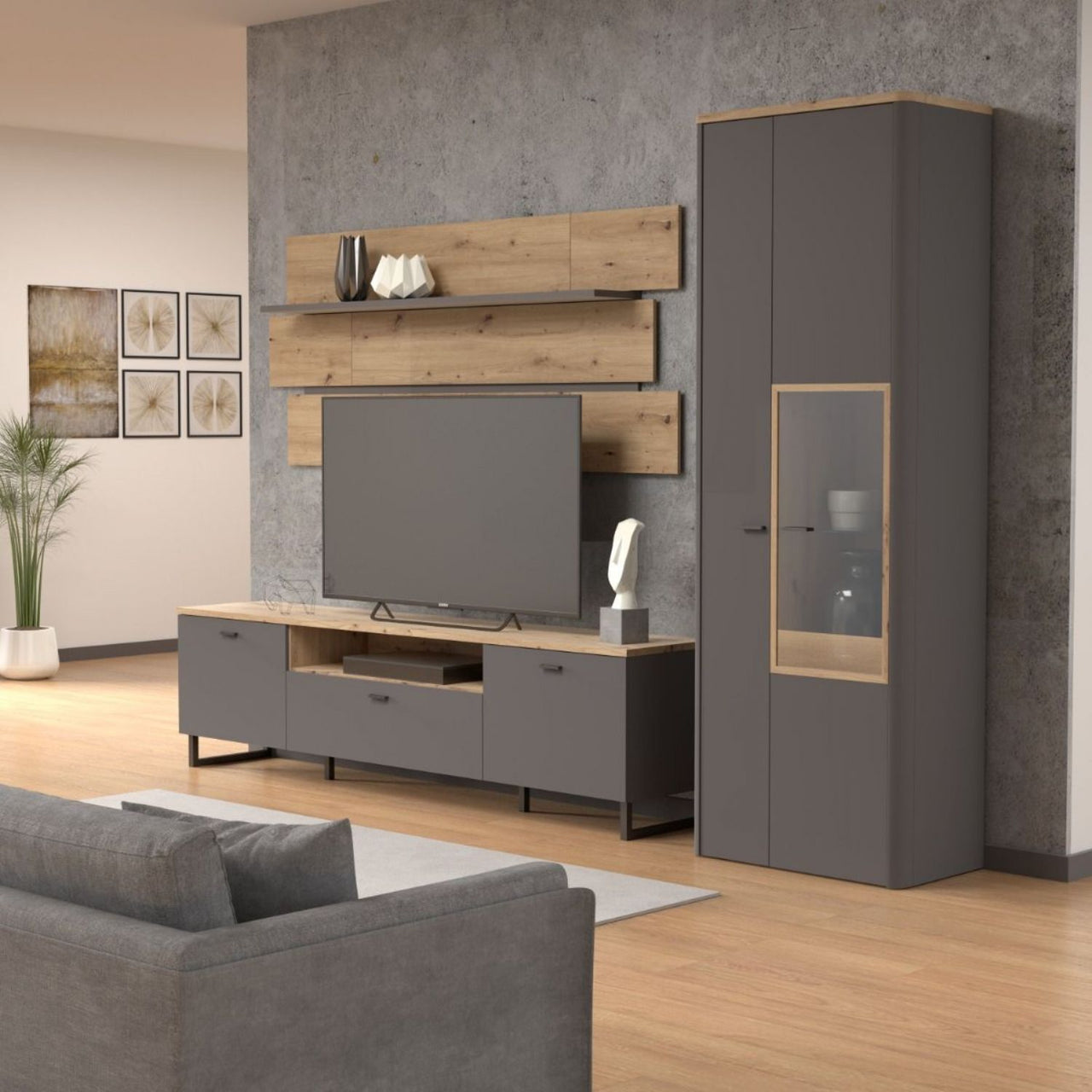 Klara TV Unit with 2 Drawers 1 Flip Door in Grey and Oak