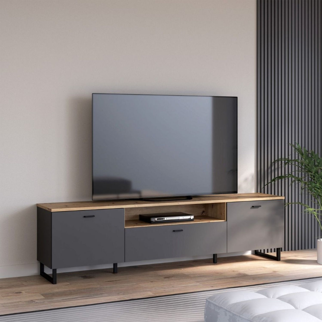 Klara TV Unit with 2 Drawers 1 Flip Door in Grey and Oak