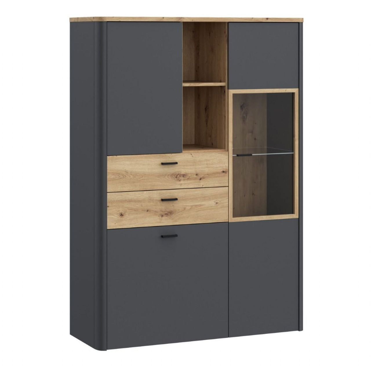 Klara Display Cabinet with 2 Door 2 Drawers and 1 Glass Door in Grey and Oak