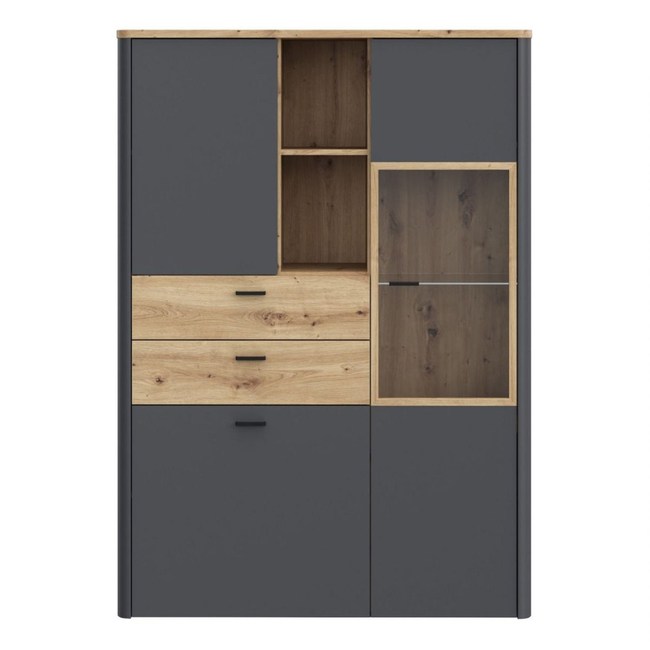 Klara Display Cabinet with 2 Door 2 Drawers and 1 Glass Door in Grey and Oak