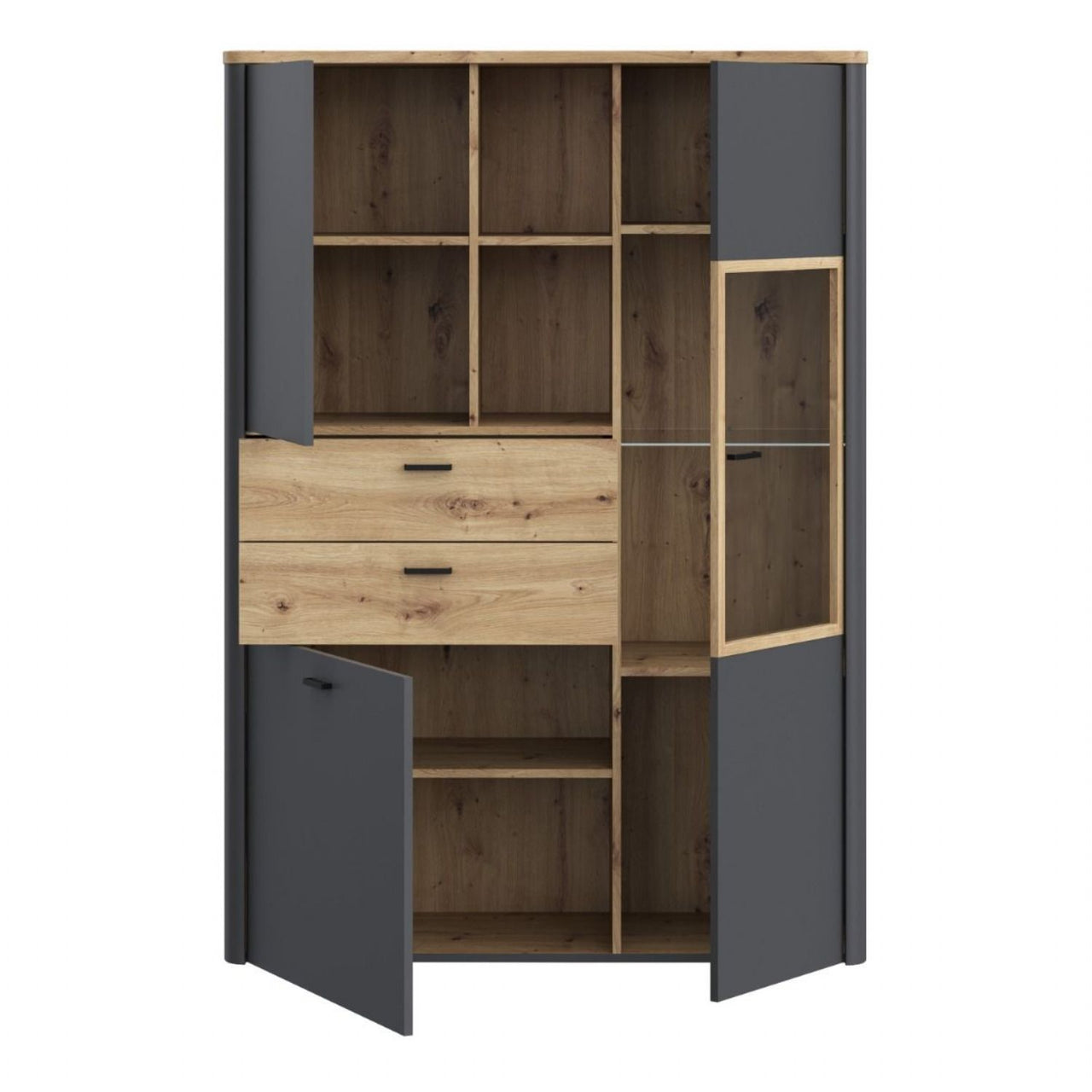 Klara Display Cabinet with 2 Door 2 Drawers and 1 Glass Door in Grey and Oak