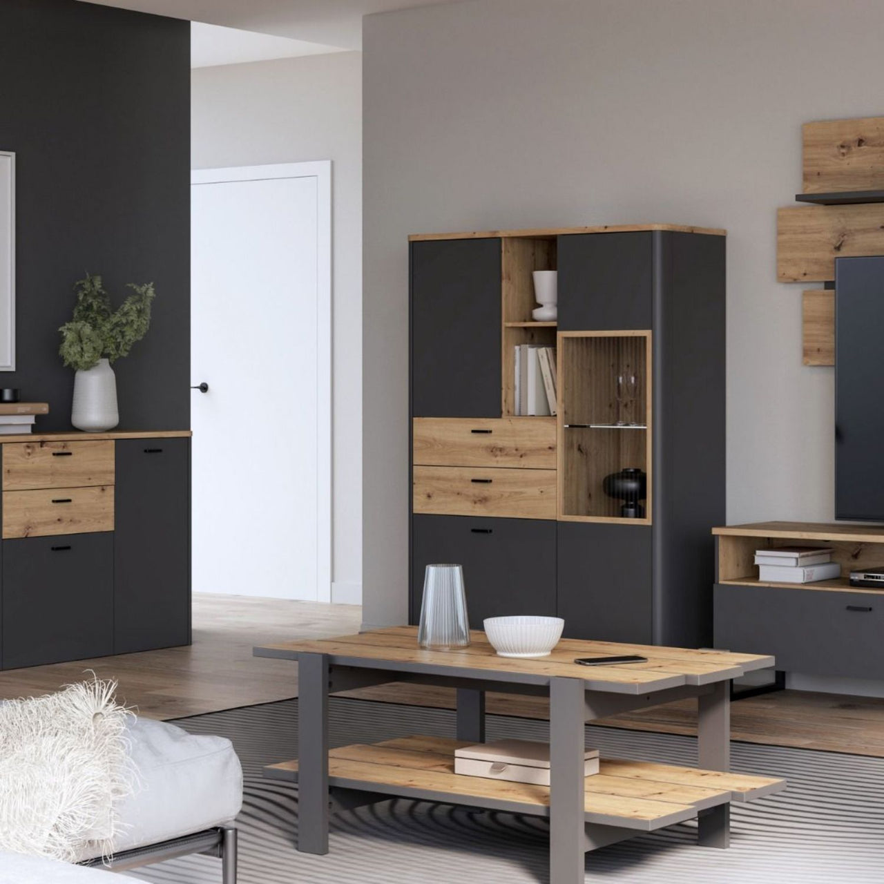 Klara Display Cabinet with 2 Door 2 Drawers and 1 Glass Door in Grey and Oak