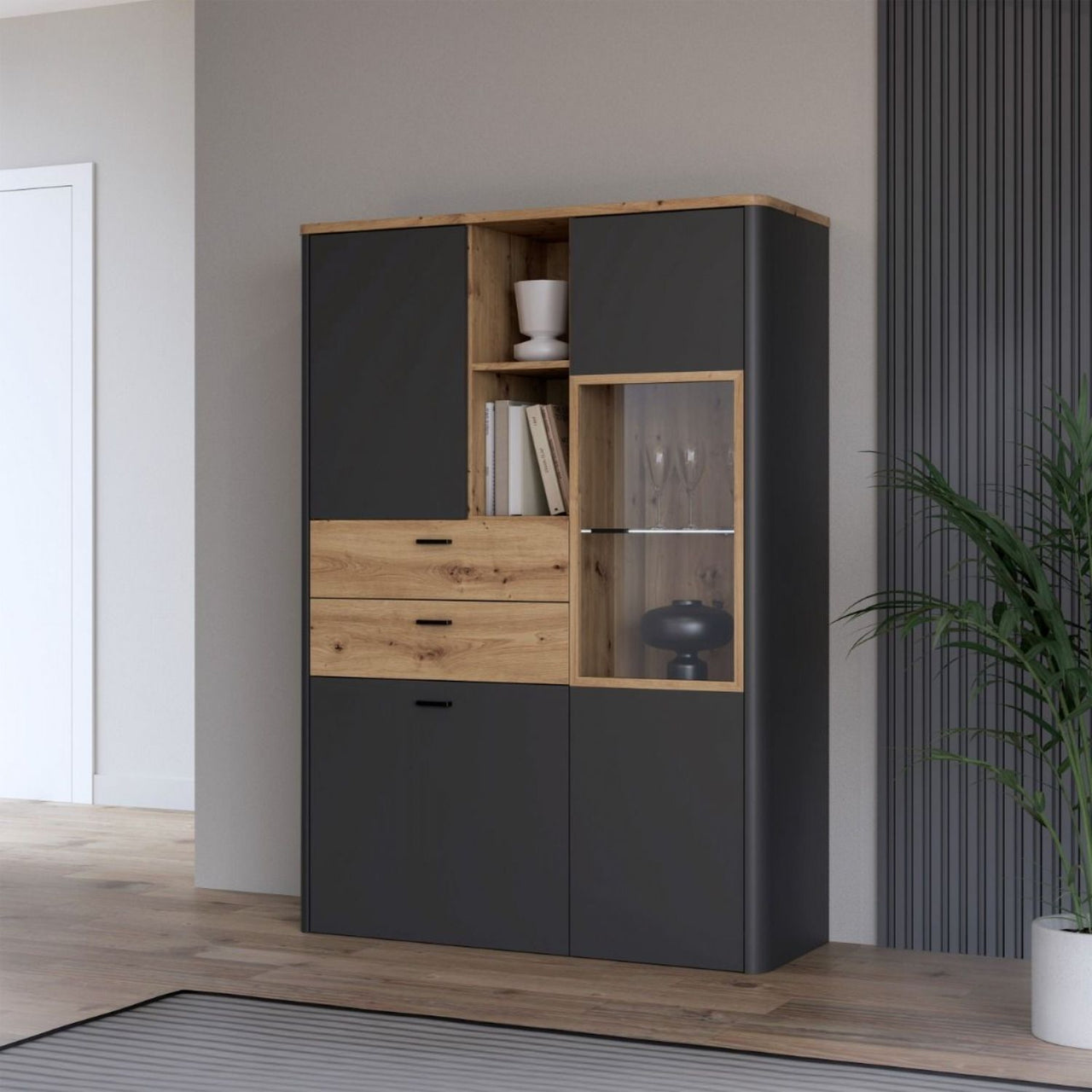 Klara Display Cabinet with 2 Door 2 Drawers and 1 Glass Door in Grey and Oak