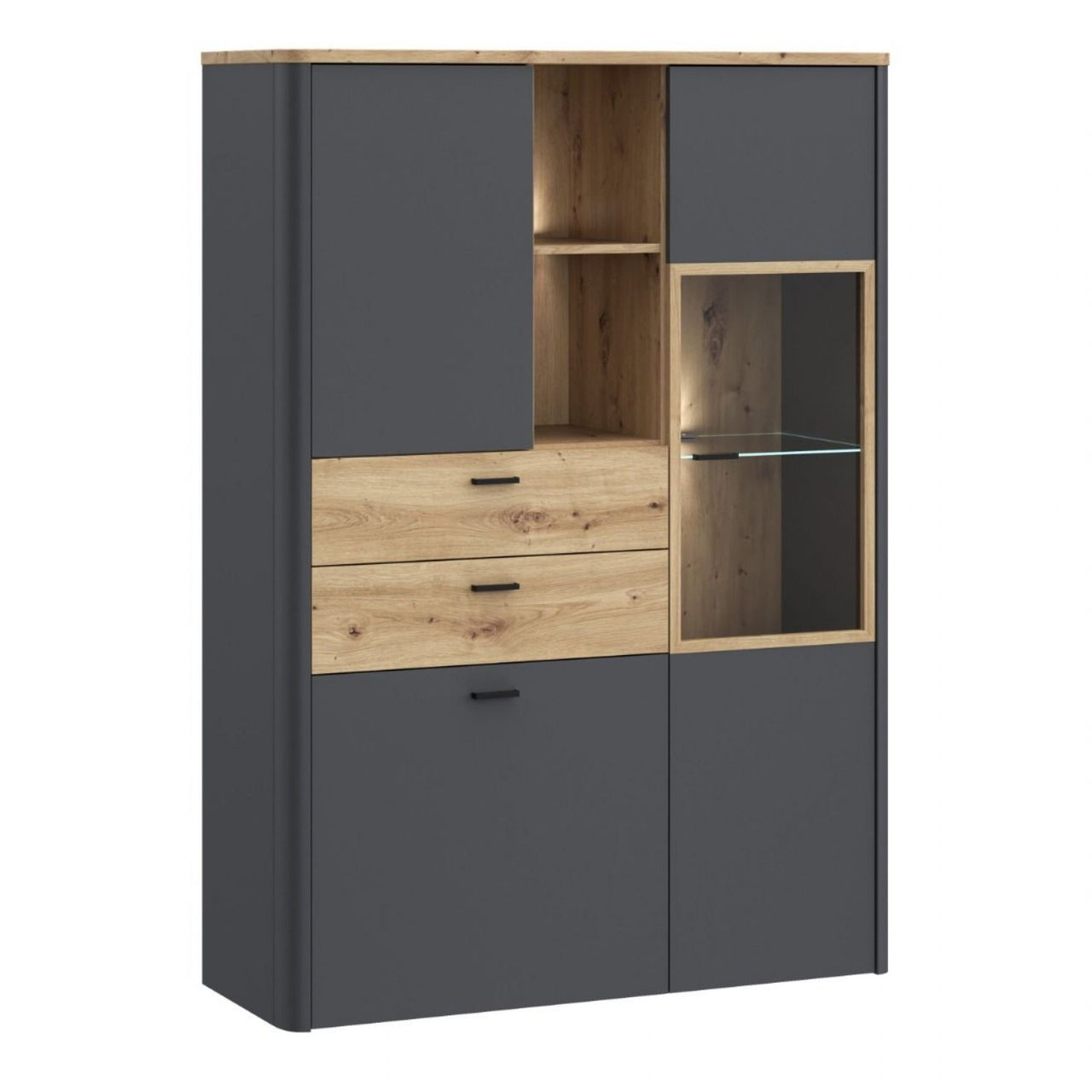 Klara Display Cabinet with 2 Door 2 Drawers and 1 Glass Door in Grey and Oak inc LED Lighting