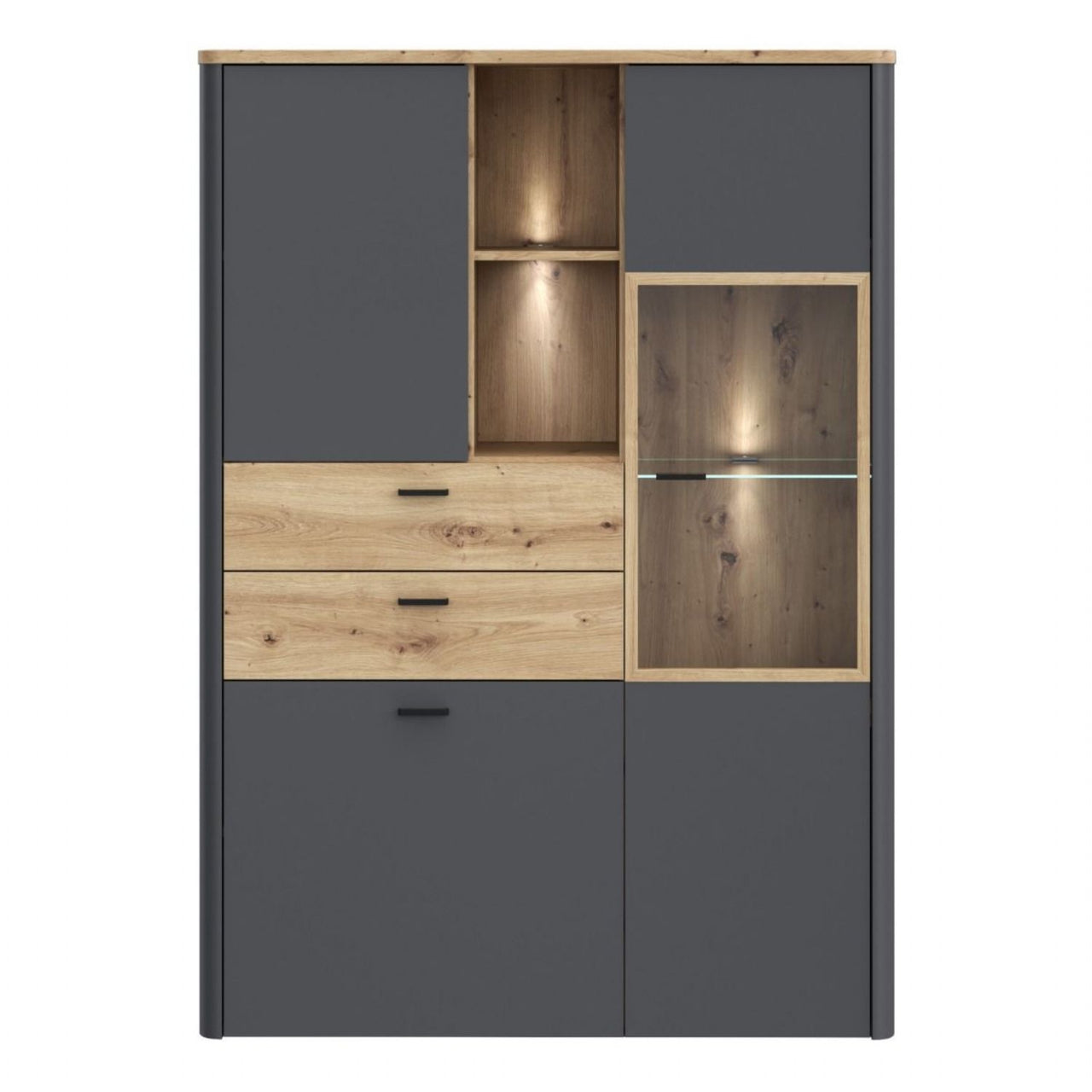 Klara Display Cabinet with 2 Door 2 Drawers and 1 Glass Door in Grey and Oak inc LED Lighting