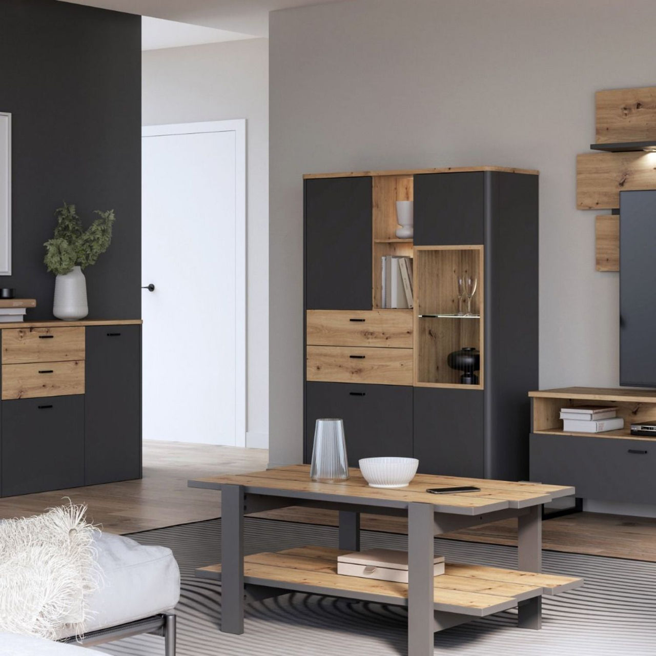 Klara Display Cabinet with 2 Door 2 Drawers and 1 Glass Door in Grey and Oak inc LED Lighting