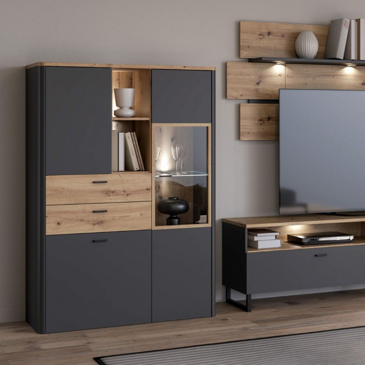 Klara Display Cabinet with 2 Door 2 Drawers and 1 Glass Door in Grey and Oak inc LED Lighting