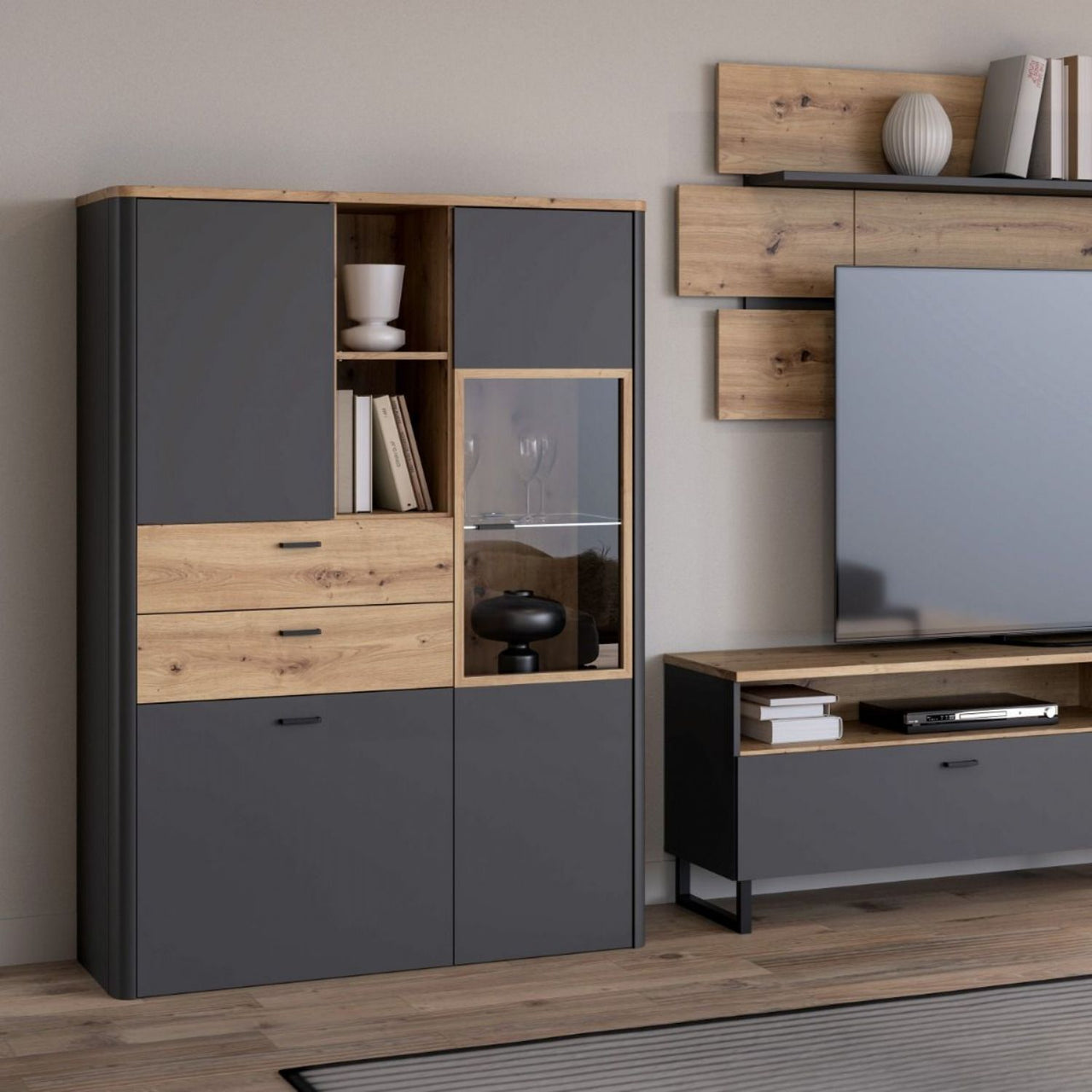 Klara Display Cabinet with 2 Door 2 Drawers and 1 Glass Door in Grey and Oak inc LED Lighting